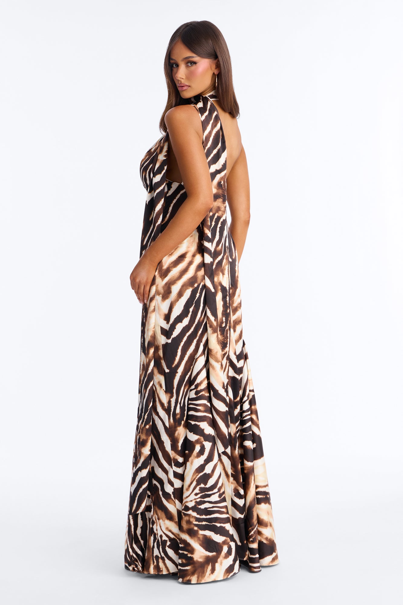 Animal In Me Scarf Satin Maxi Dress - Brown/combo