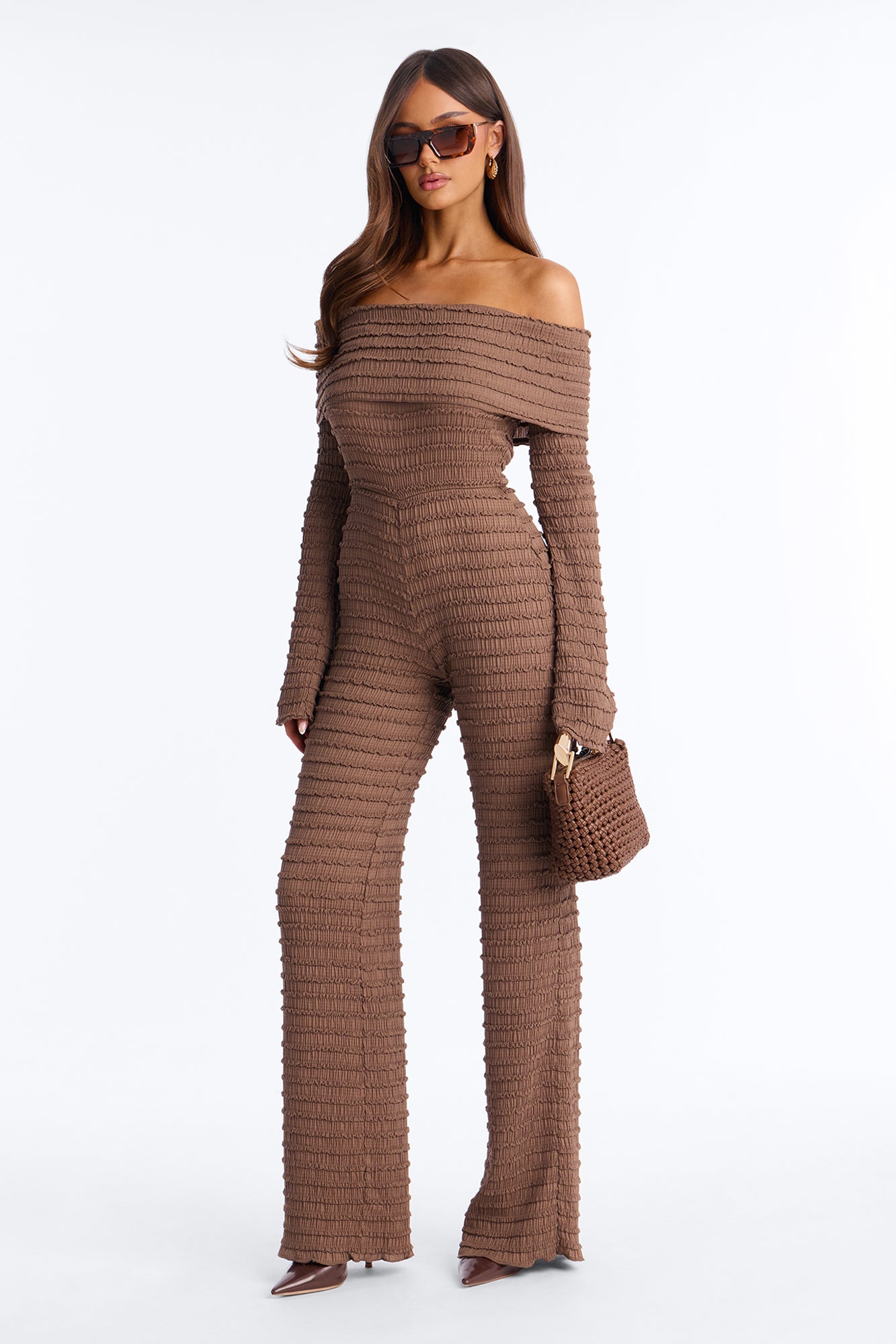 Francesca Textured Off Shoulder Jumpsuit - Chocolate
