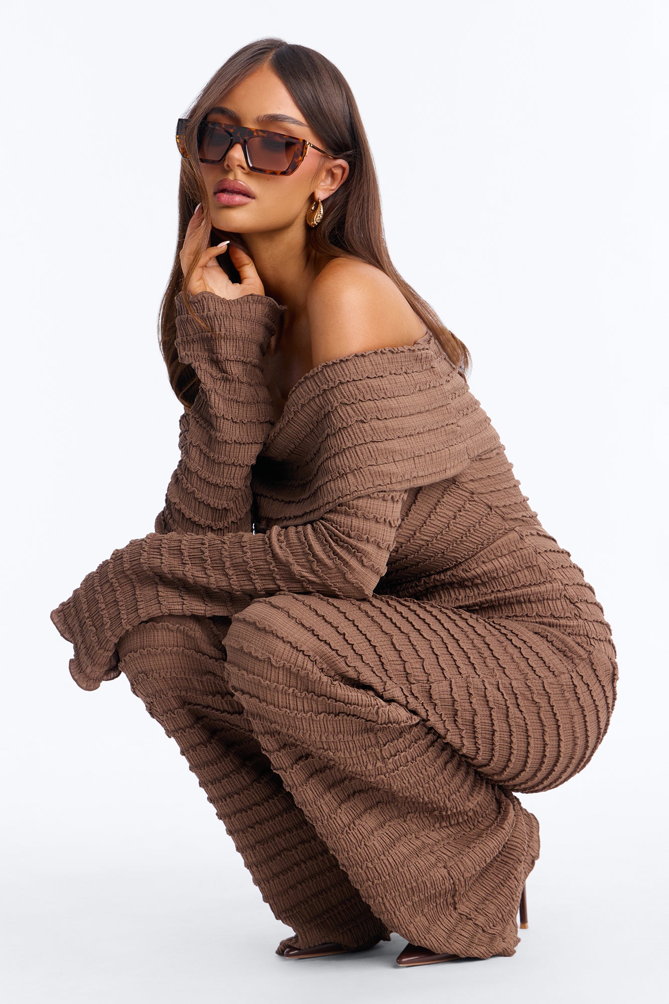Francesca Textured Off Shoulder Jumpsuit - Chocolate