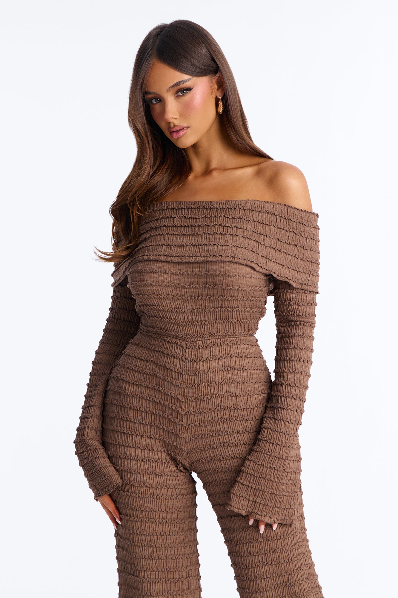 Francesca Textured Off Shoulder Jumpsuit - Chocolate