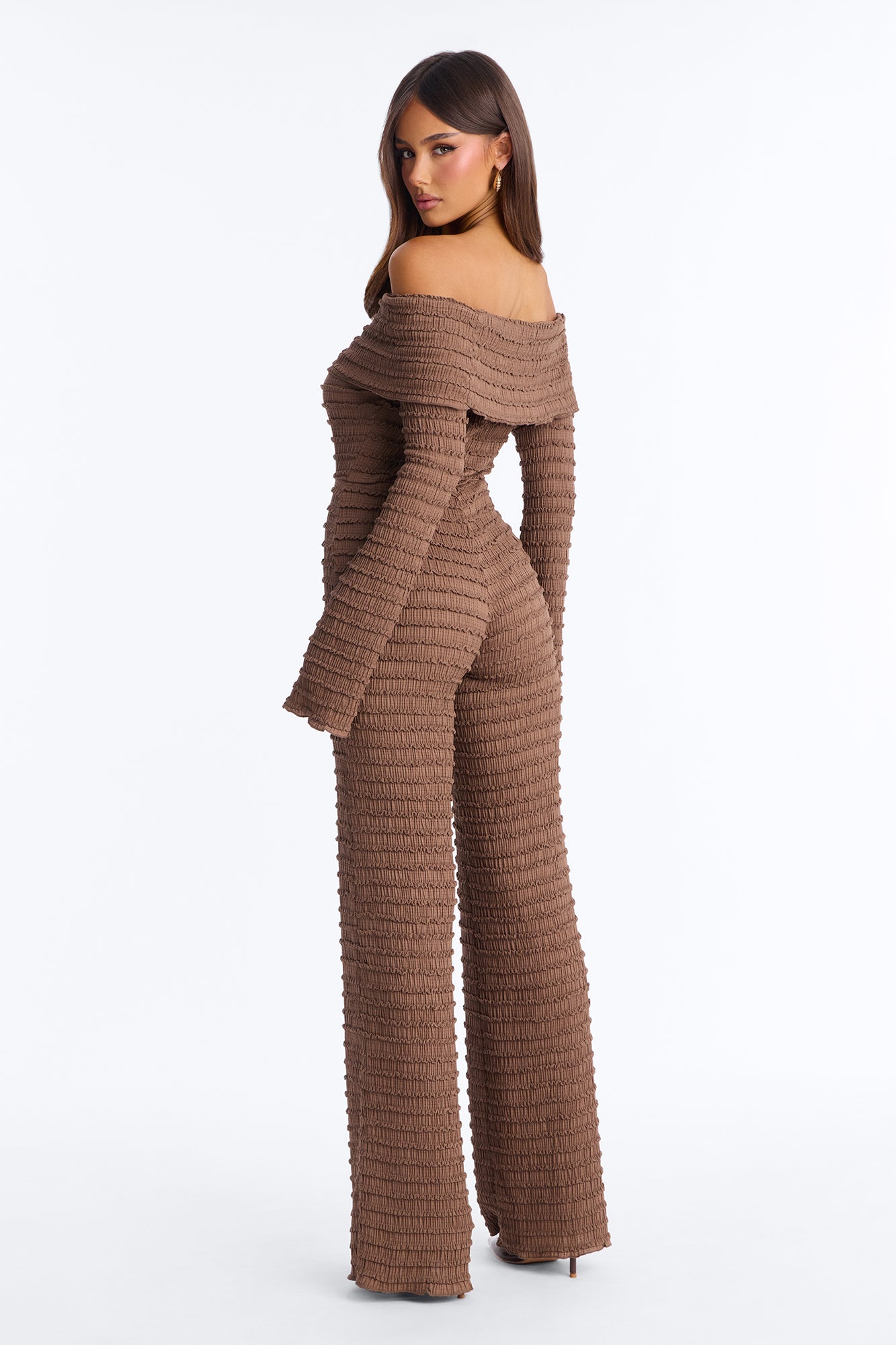 Francesca Textured Off Shoulder Jumpsuit - Chocolate