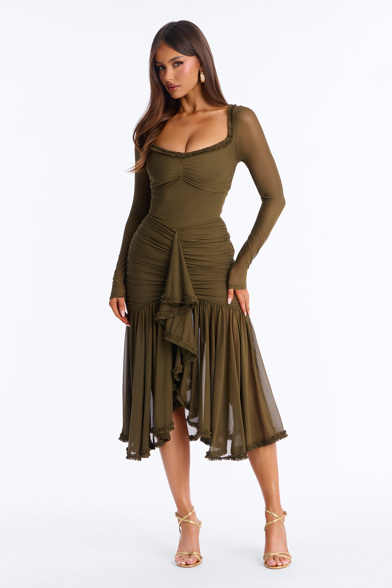 Mallory Ruffle Draped Mesh Midi Dress - Olive