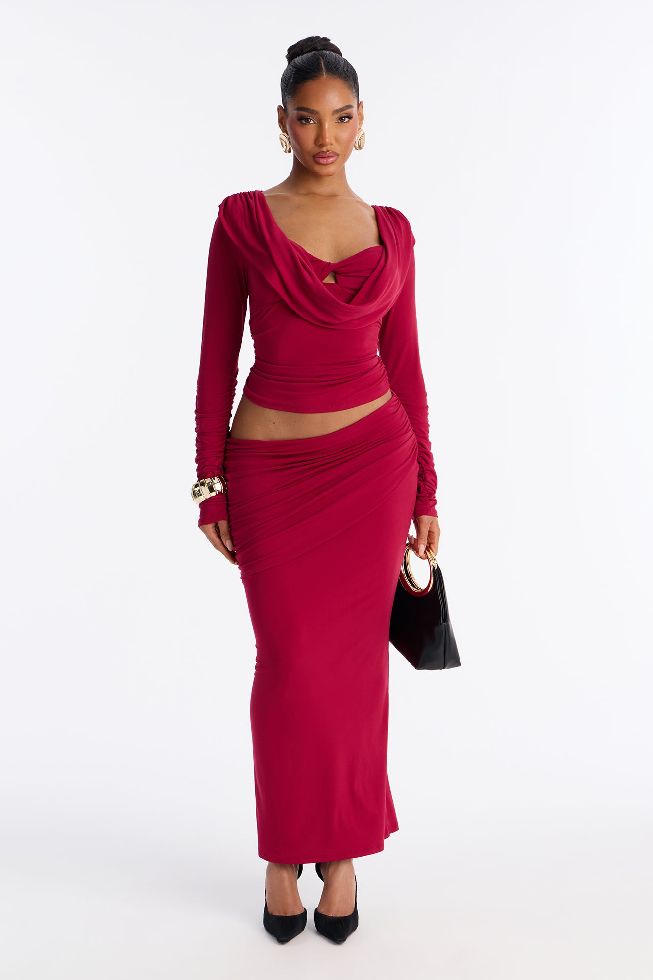 Flirt Mode Long Sleeve Jersey Cowl Top - Wine