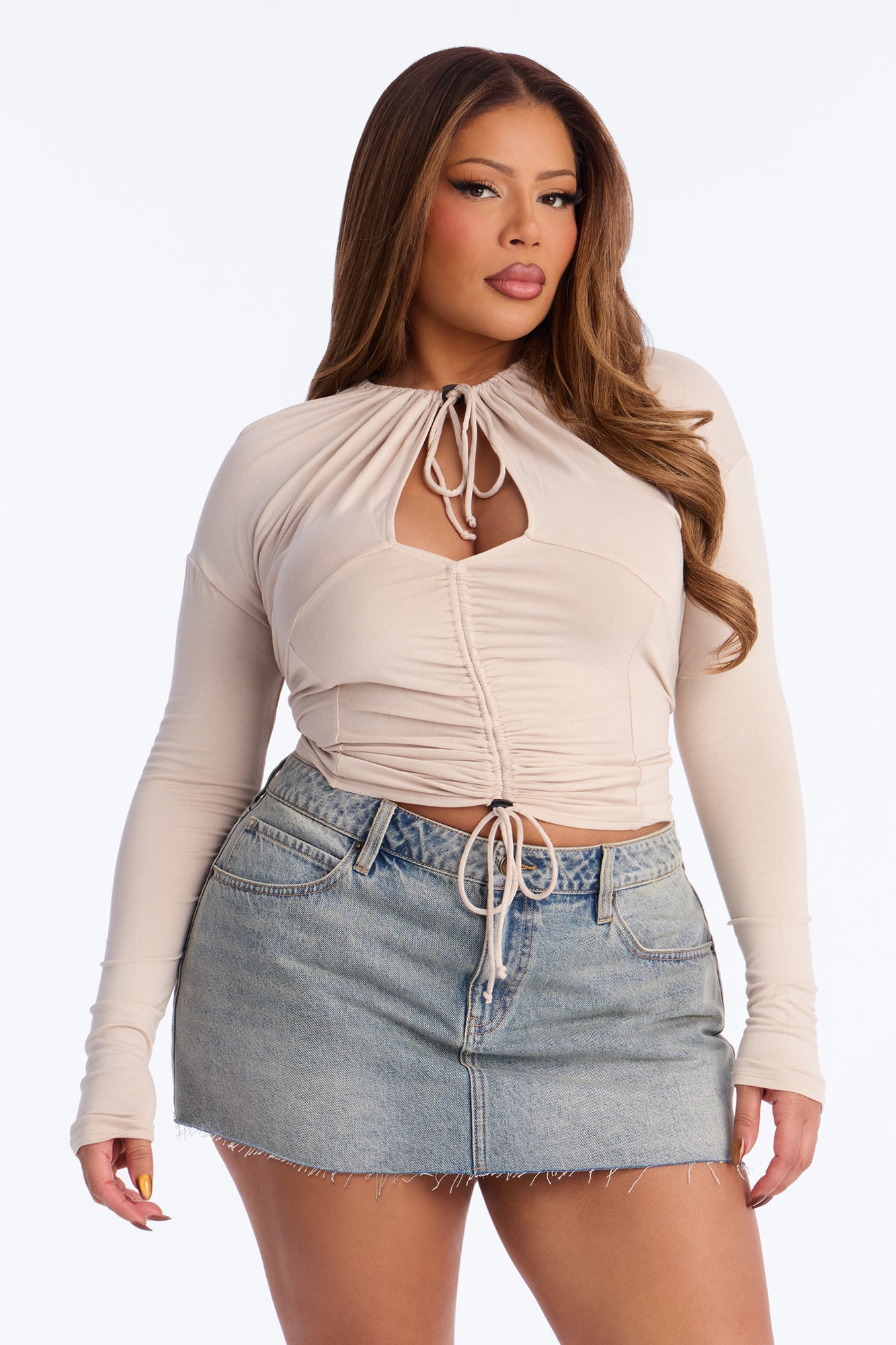 Devon Ruched Cut Out Long Sleeve Top - Stone