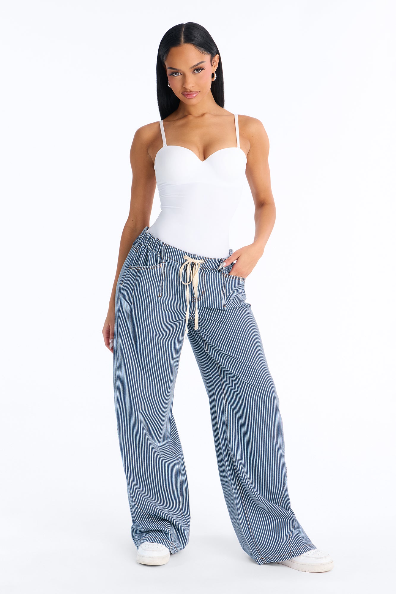Linden Pinstripe Drapey Drawstring Jeans - Dark Wash