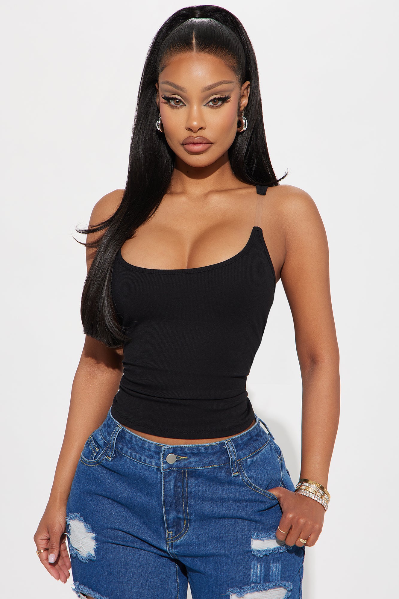 Silver Lining Invisible Strap Ribbed Top - Black