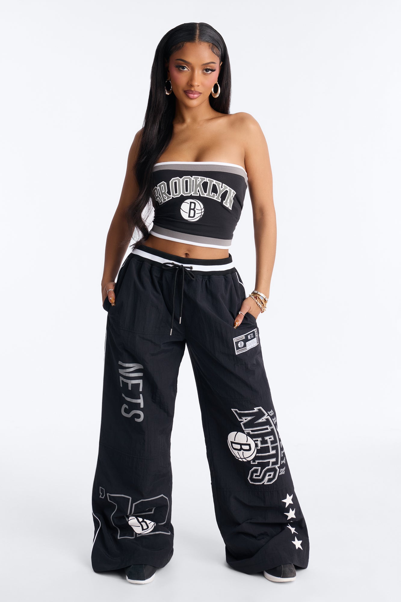 NBA Brooklyn Nets Patchwork Cargo Wide Leg Pant - Black