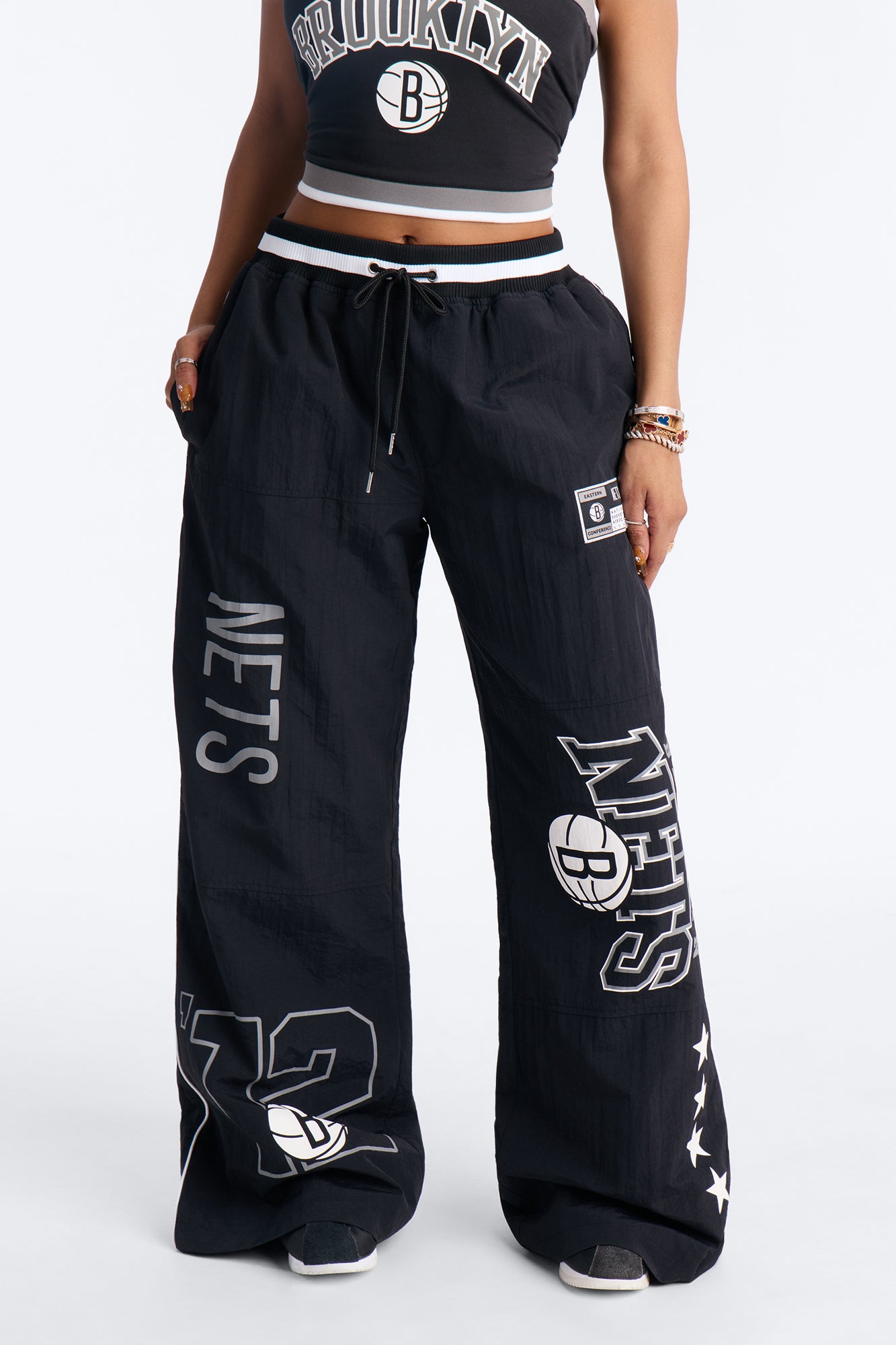 NBA Brooklyn Nets Patchwork Cargo Wide Leg Pant - Black