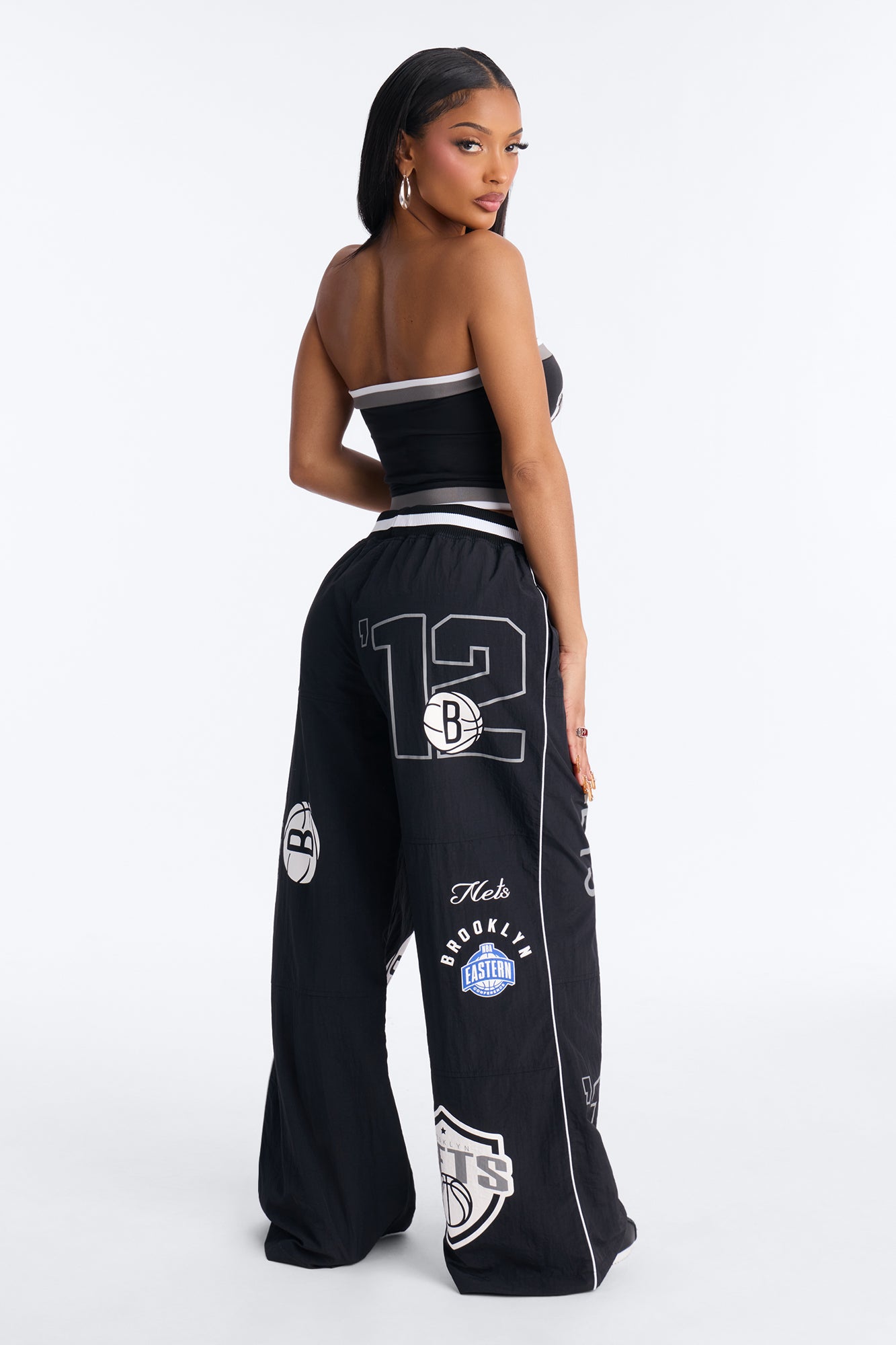NBA Brooklyn Nets Patchwork Cargo Wide Leg Pant - Black