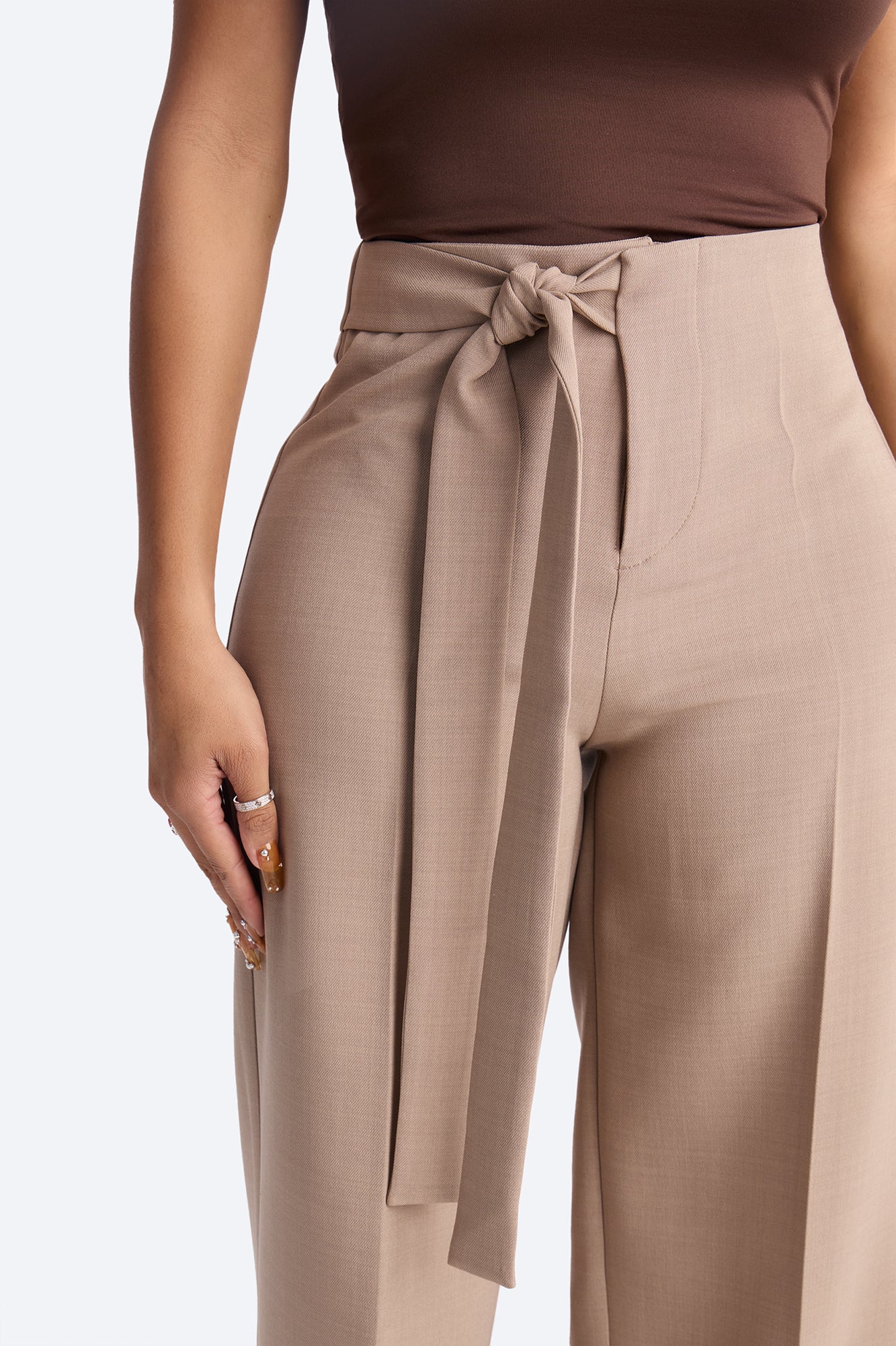 Polished Perfection Crepe Tie Waist Trouser 33″ - Stone