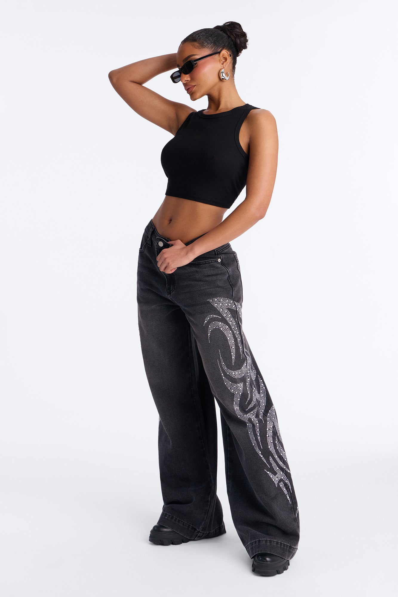 Furiosa Embellished Baggy Wide Leg Jeans - Black Wash