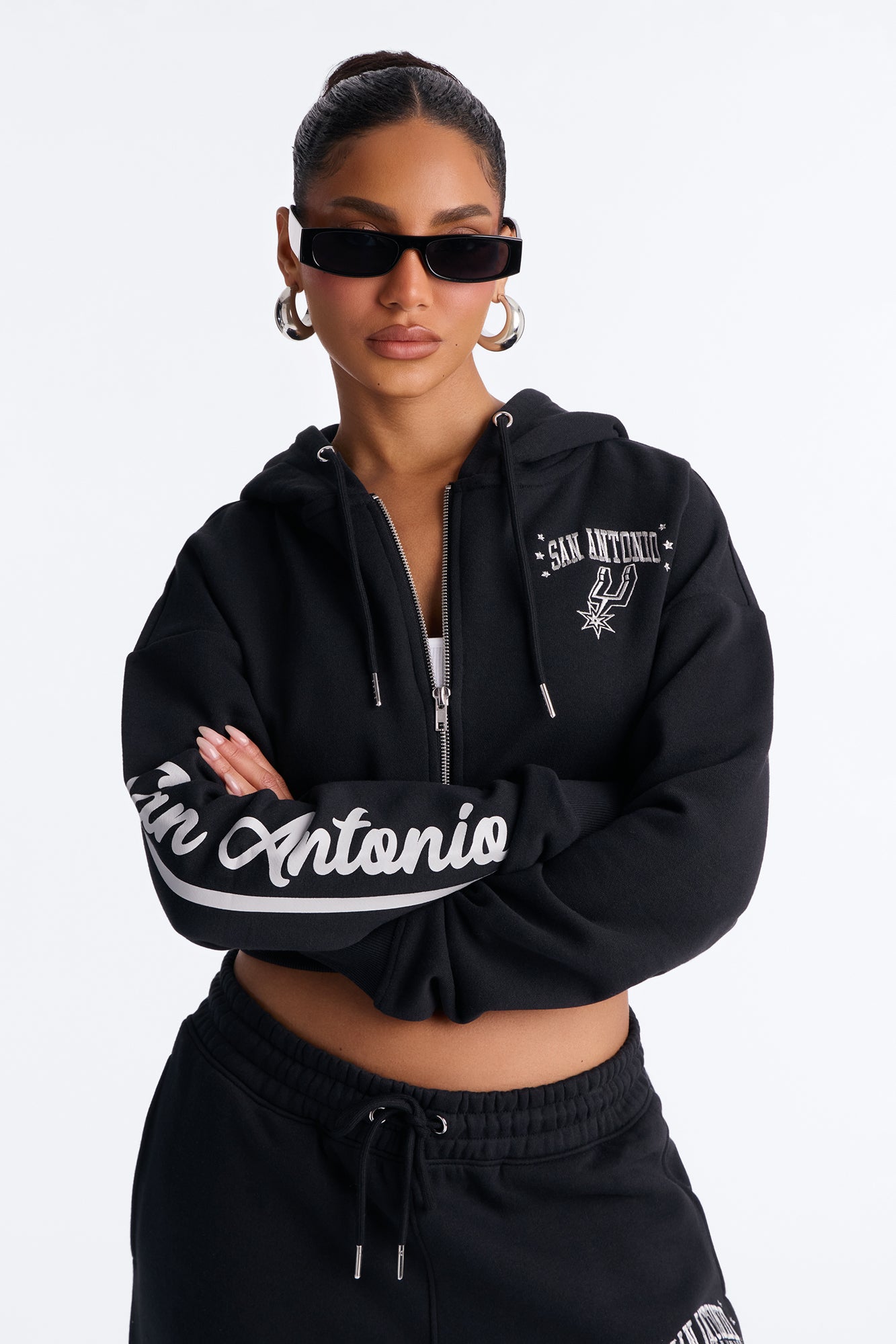 NBA San Antonio Spurs Cropped Fleece Full Zip Hoodie - Black