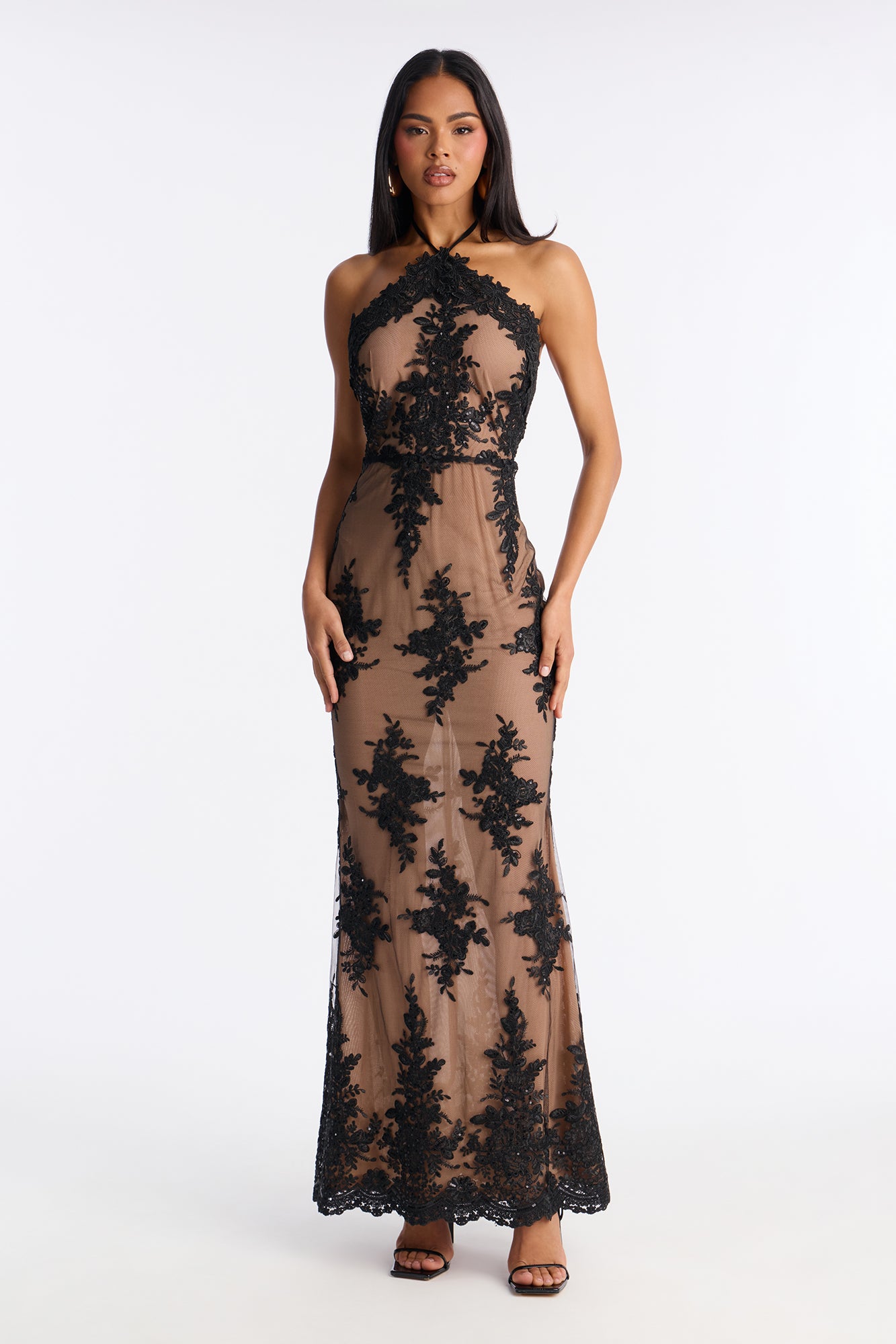 Floral Flame Mesh Halter Maxi Dress - Black