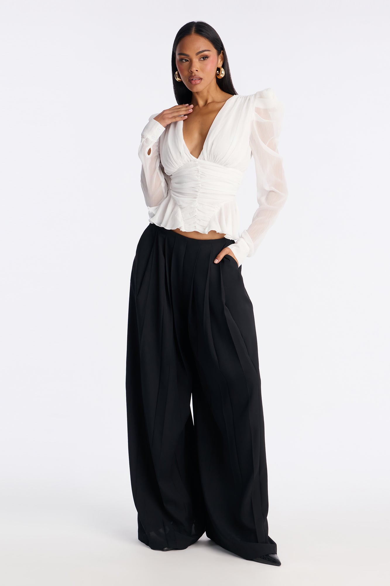 Endless Daydreams Ruched Ruffle Chiffon Top - White