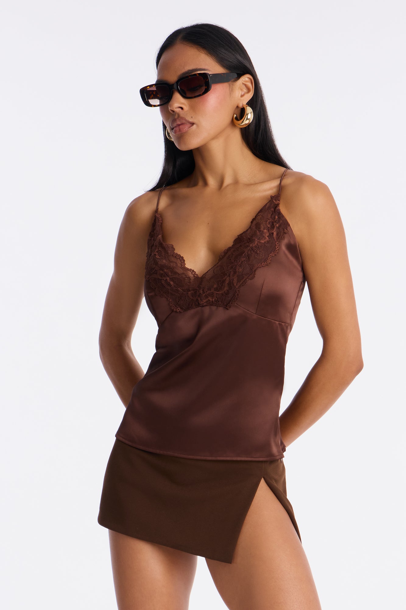 Satin Girl Lace Trim Cami Top - Chocolate