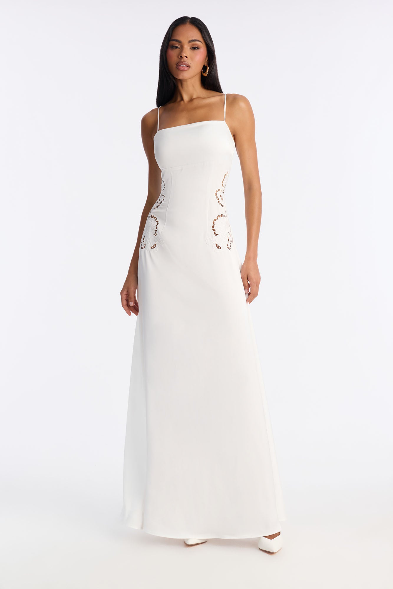 Daisy Embroidered Satin Maxi Dress - White