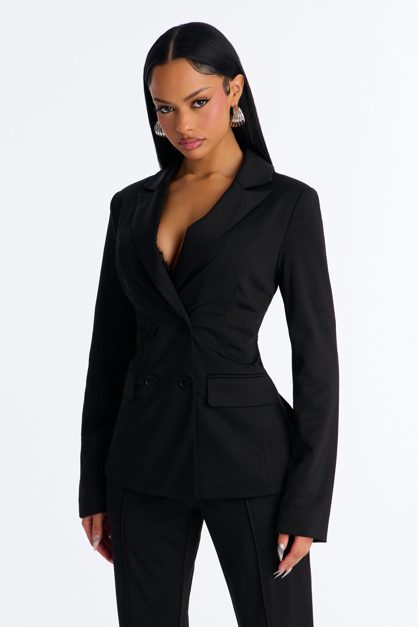 Business Per Usual Double Breasted Blazer Pant Set - Black
