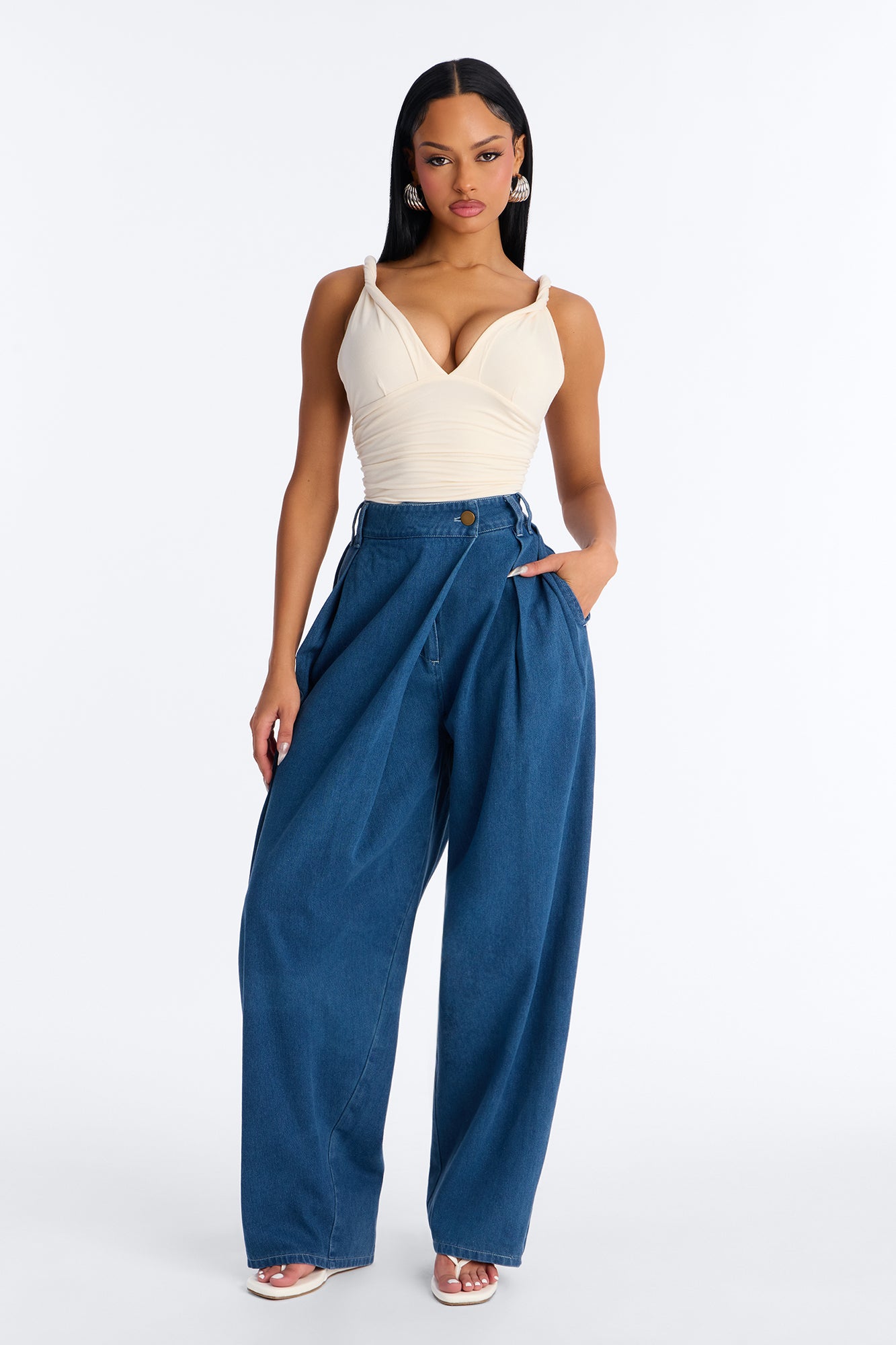 CPH Crossover Pleated Drapey Jeans - Medium Wash