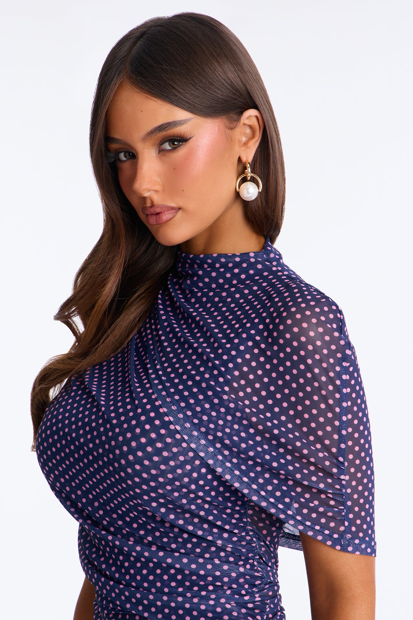 Kendall Mesh Polka Dot Mock Neck Short Sleeve Top - Navy/combo
