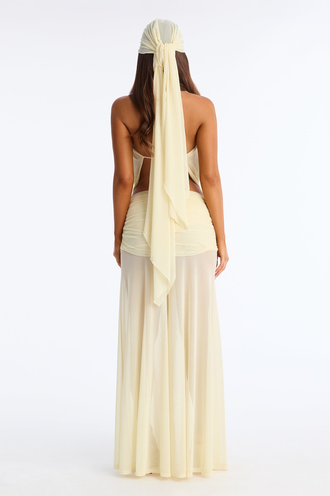 Tamara Backless Mesh Jumpsuit And Headscarf Set - Yellow