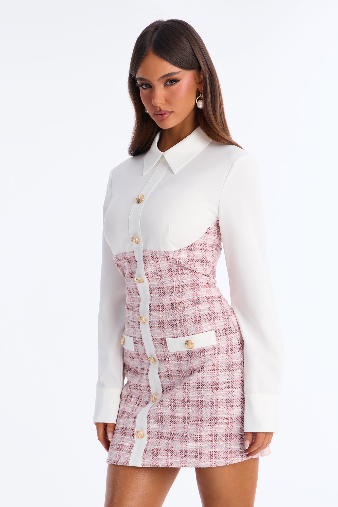 Jayleen Long Sleeve Dresses Tweed Mini Dress - Pink/combo