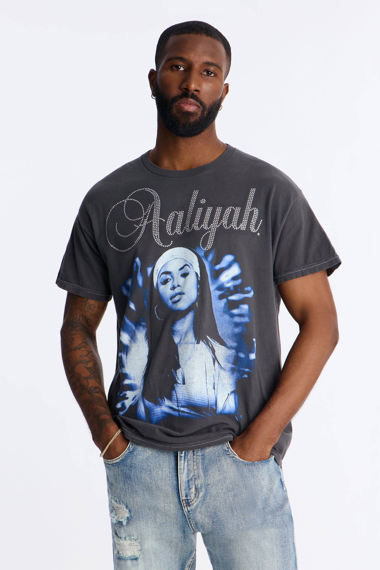 Embellished Aaliyah One In A Million Short Sleeve Tee - Black