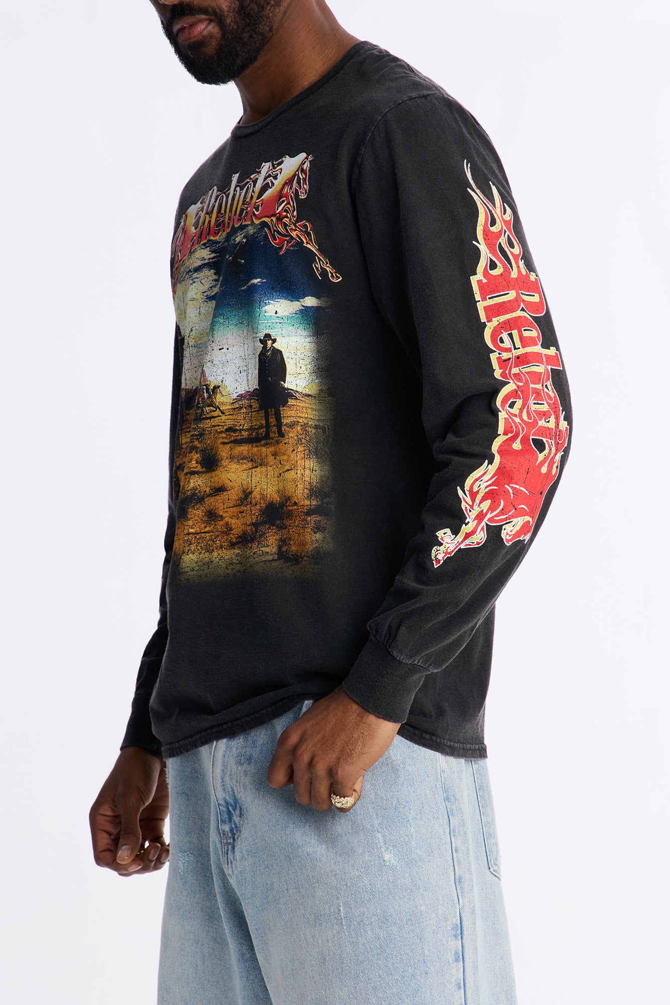 Rebel Flames Oversized Long Sleeve Tee - Black