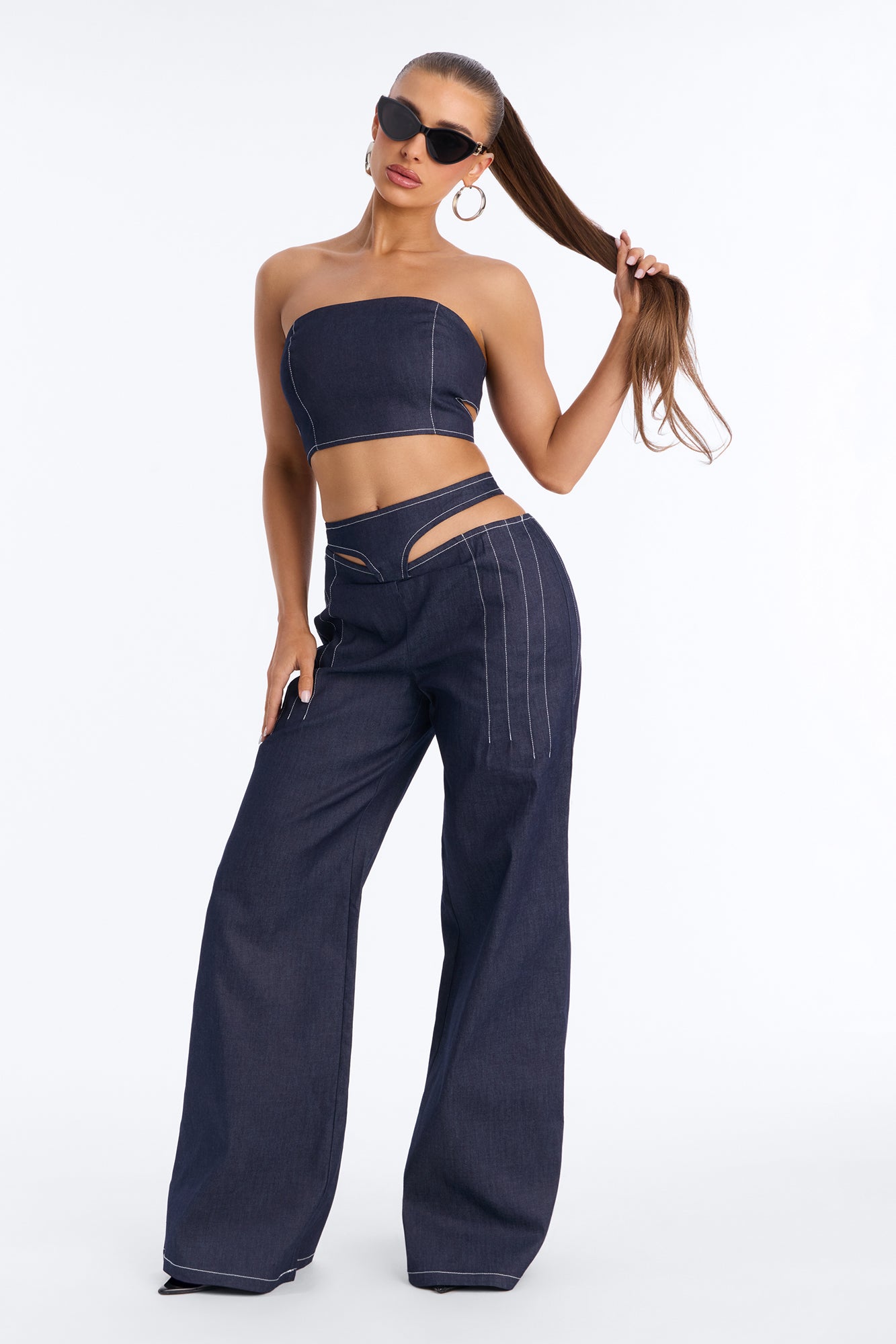 Street Smart Cutout Denim Pant Set - Dark Denim