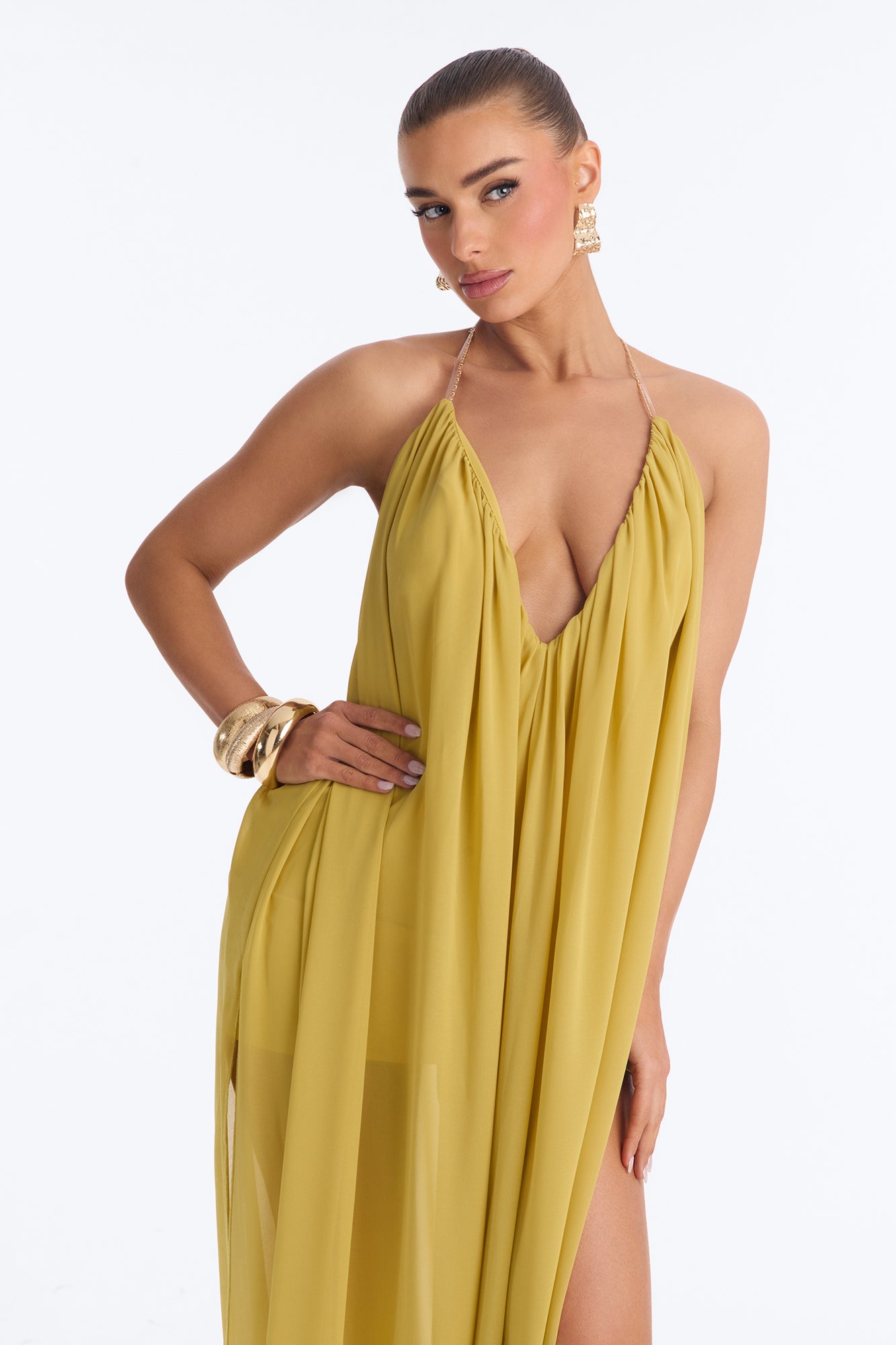 All For Me Flowy Chiffon Maxi Dress - Chartreuse