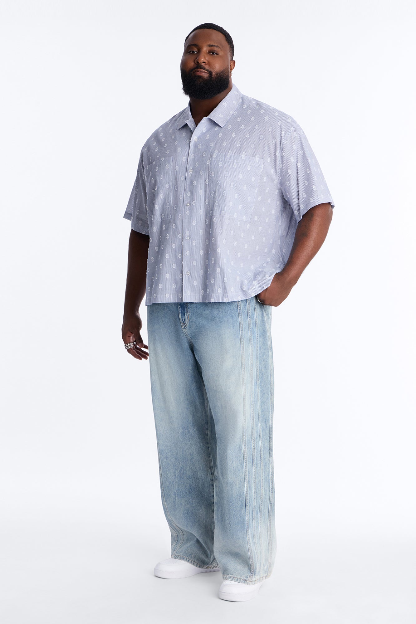Boxy Static Oval Pinstripe Button Up Shirt - Blue