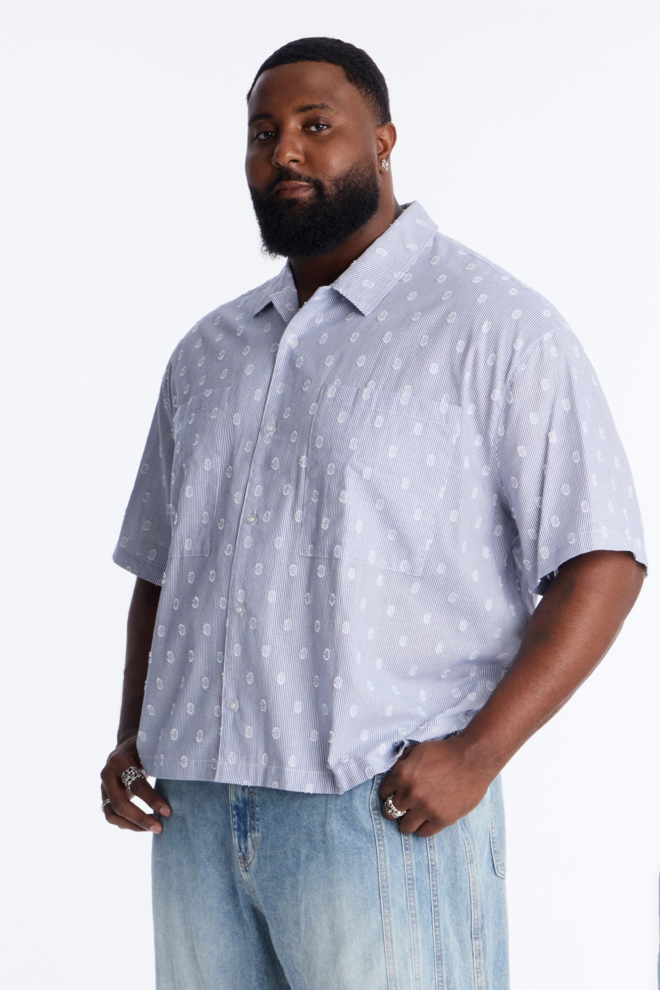 Boxy Static Oval Pinstripe Button Up Shirt - Blue