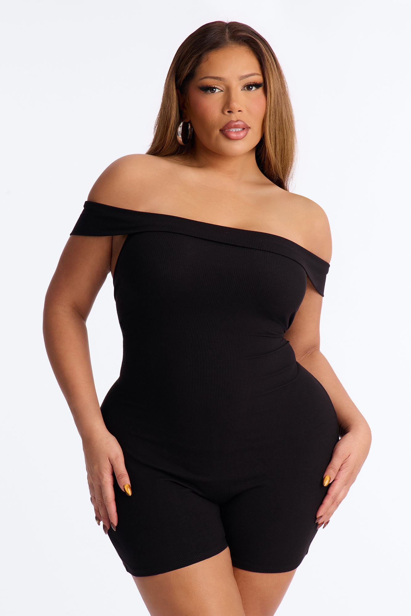 Melody Off Shoulder Ribbed Romper - Black