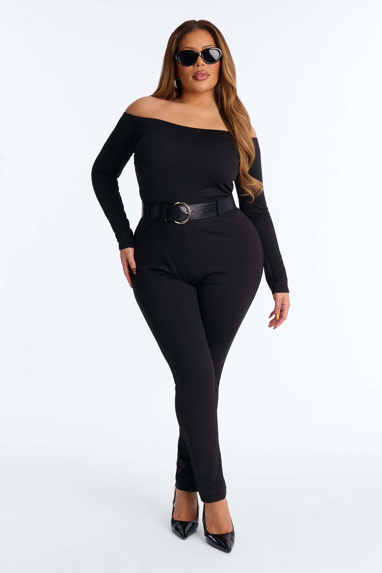 Jayna Belted Off Shoulder Catsuit - Black