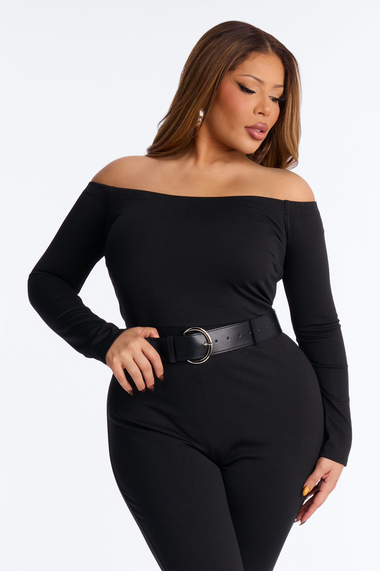 Jayna Belted Off Shoulder Catsuit - Black