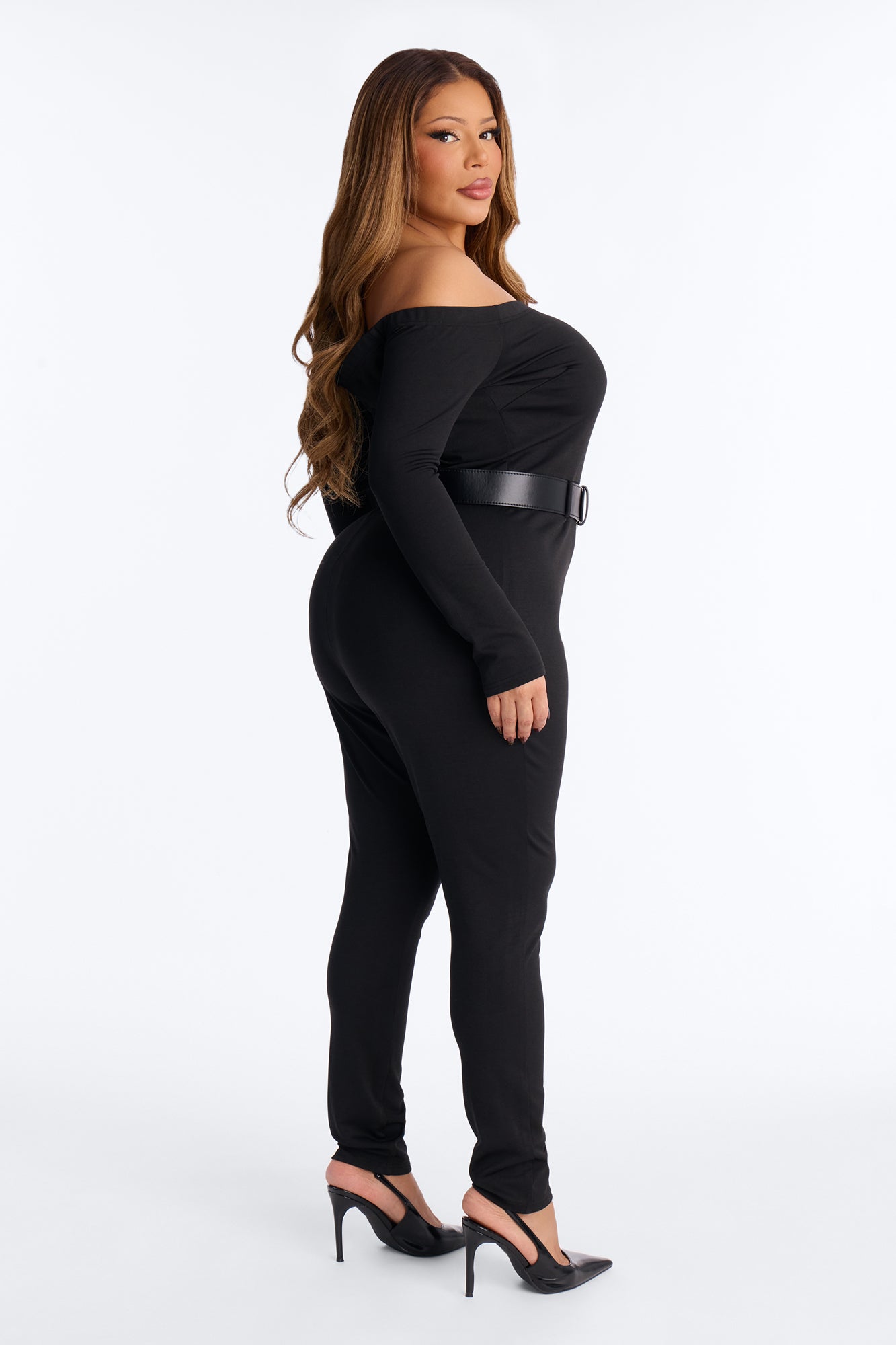Jayna Belted Off Shoulder Catsuit - Black