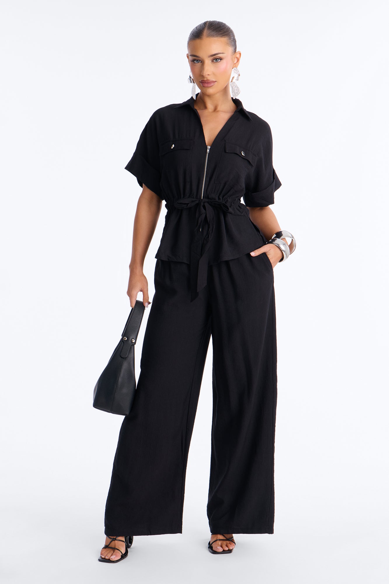 Noel Tie Waist Pant Set - Black