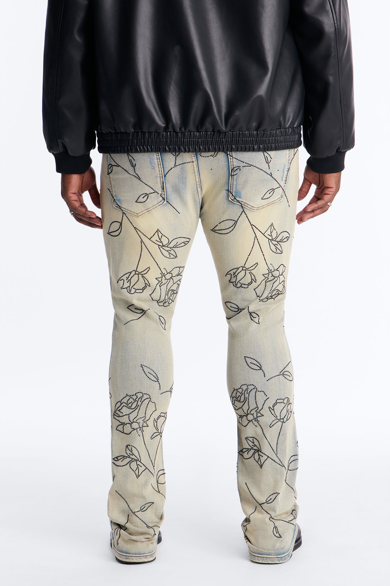 Stacked Skinny Flare Embroidered Falling Roses Jean - Light Wash