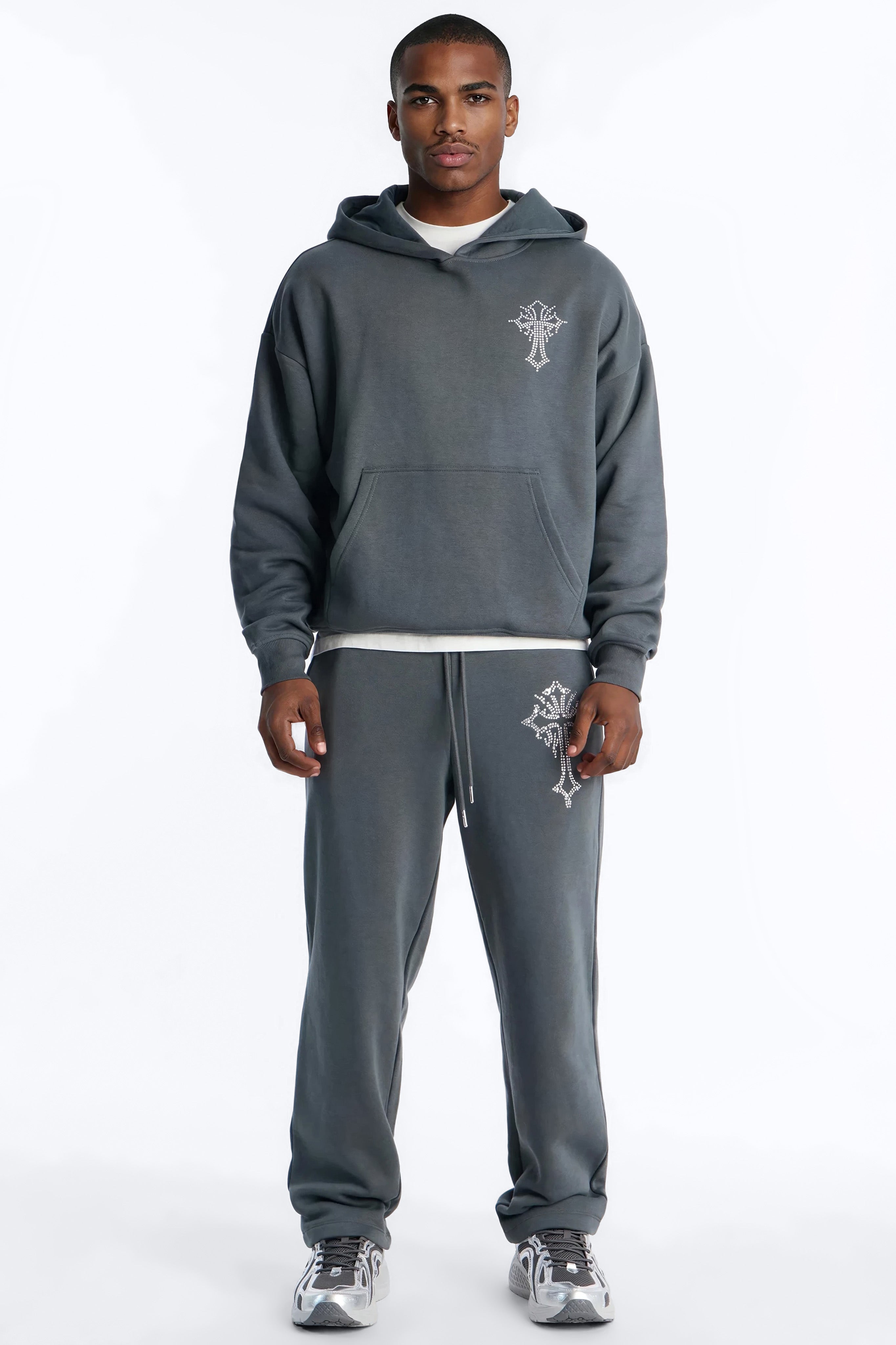 Blessed Rhinestone Pearl Oversized Hoodie - Charcoal