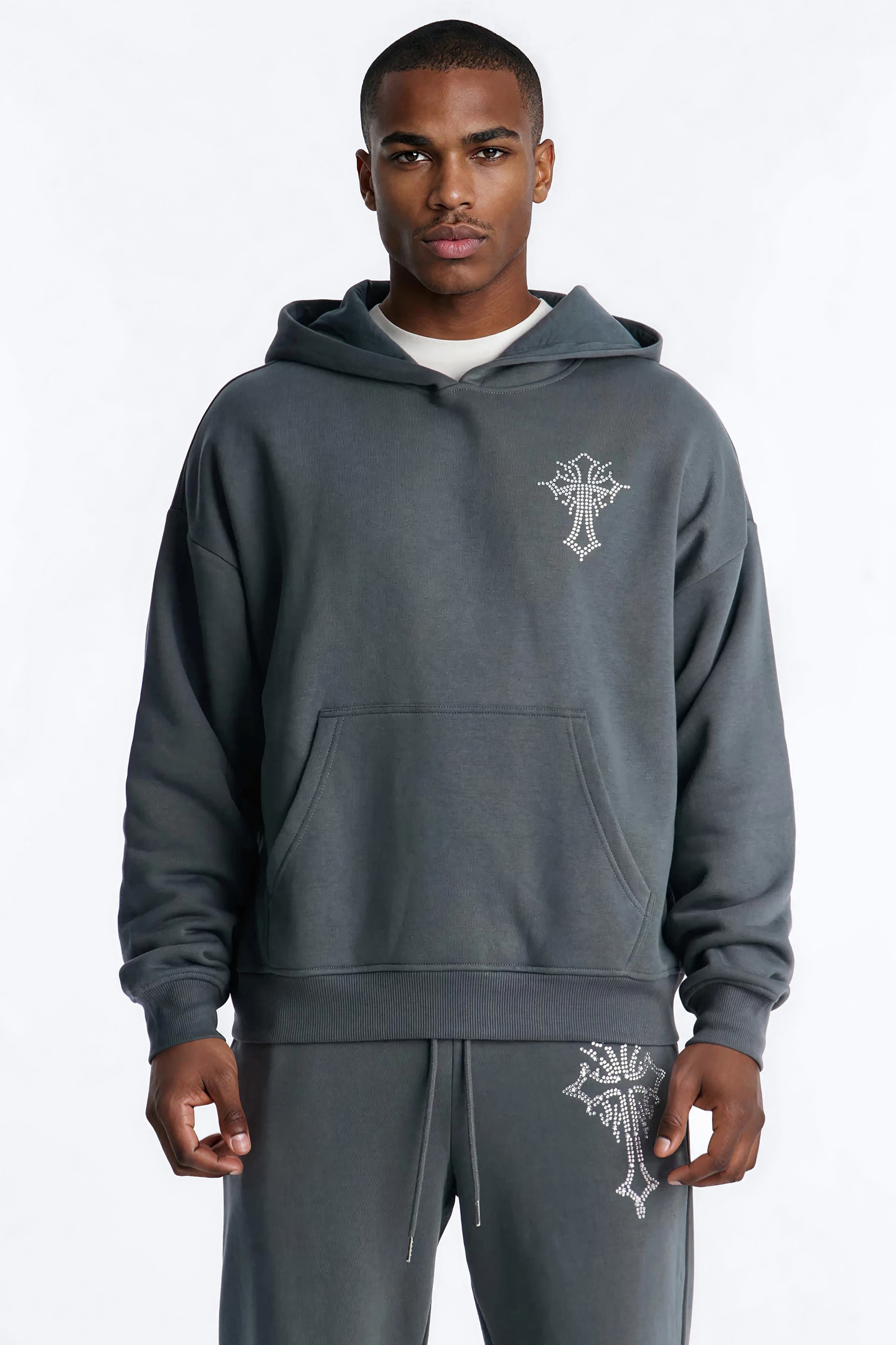 Blessed Rhinestone Pearl Oversized Hoodie - Charcoal