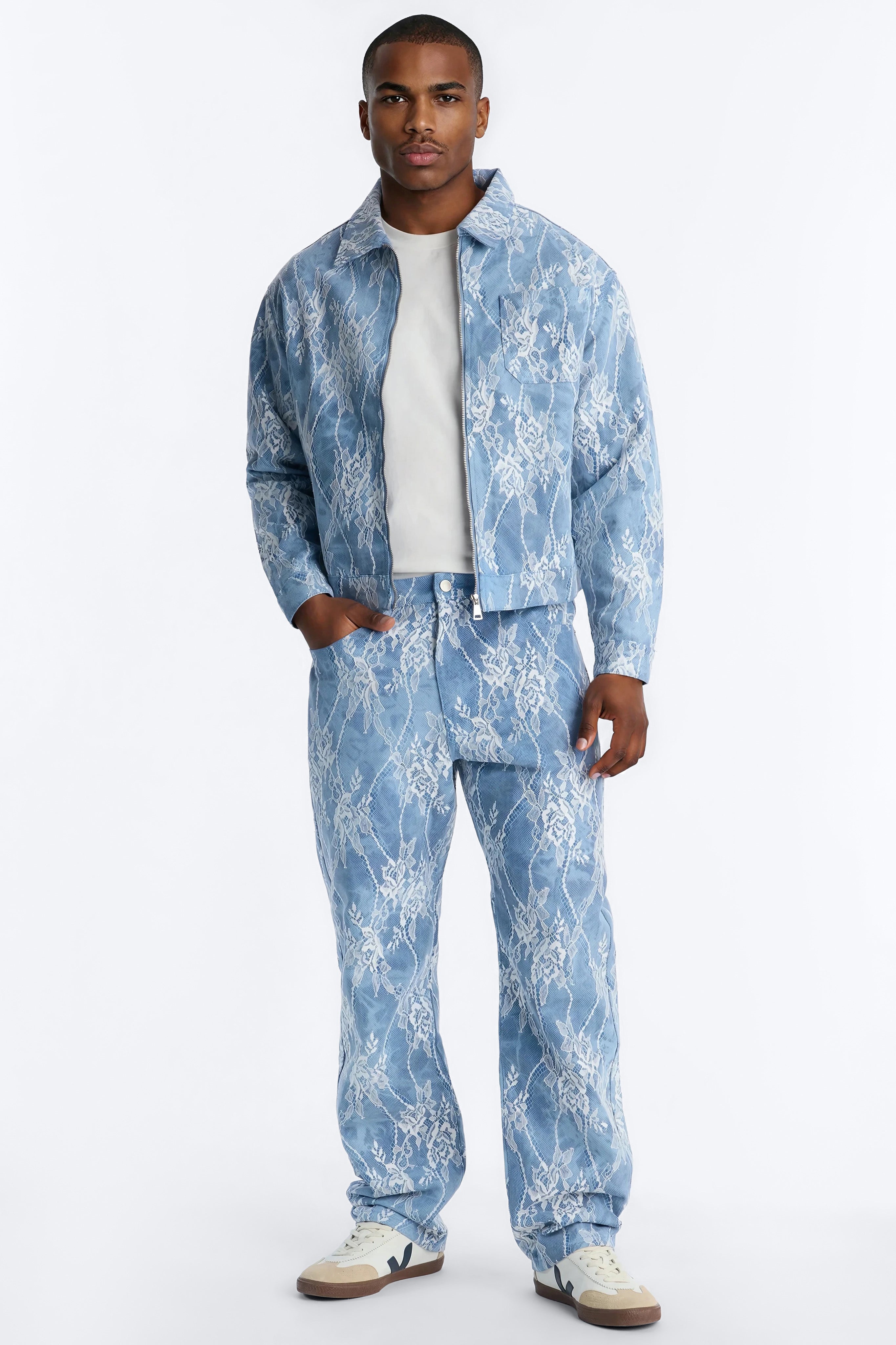 Lace Overlay Straight Jeans - Medium Blue Wash
