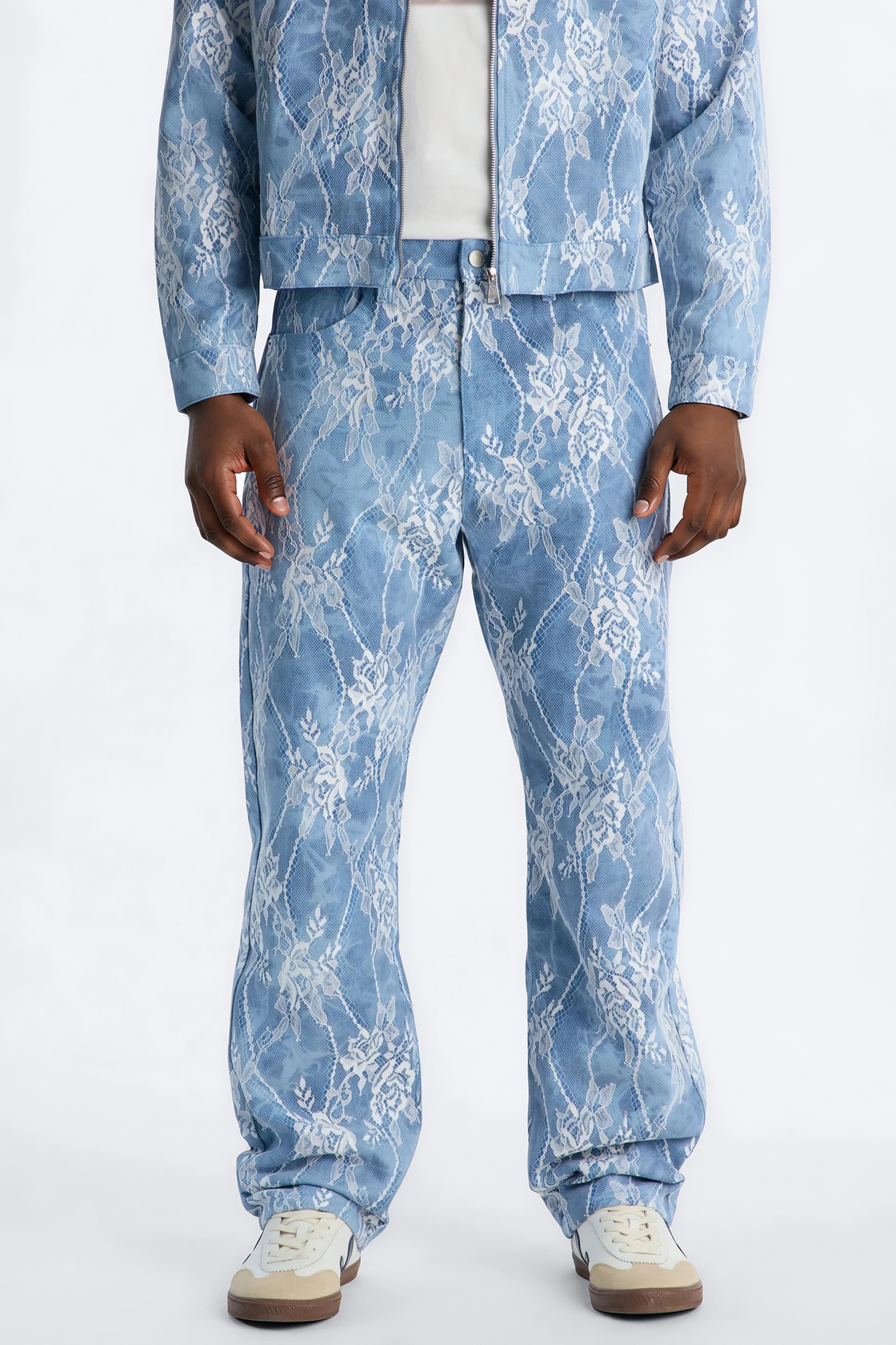 Lace Overlay Straight Jeans - Medium Blue Wash