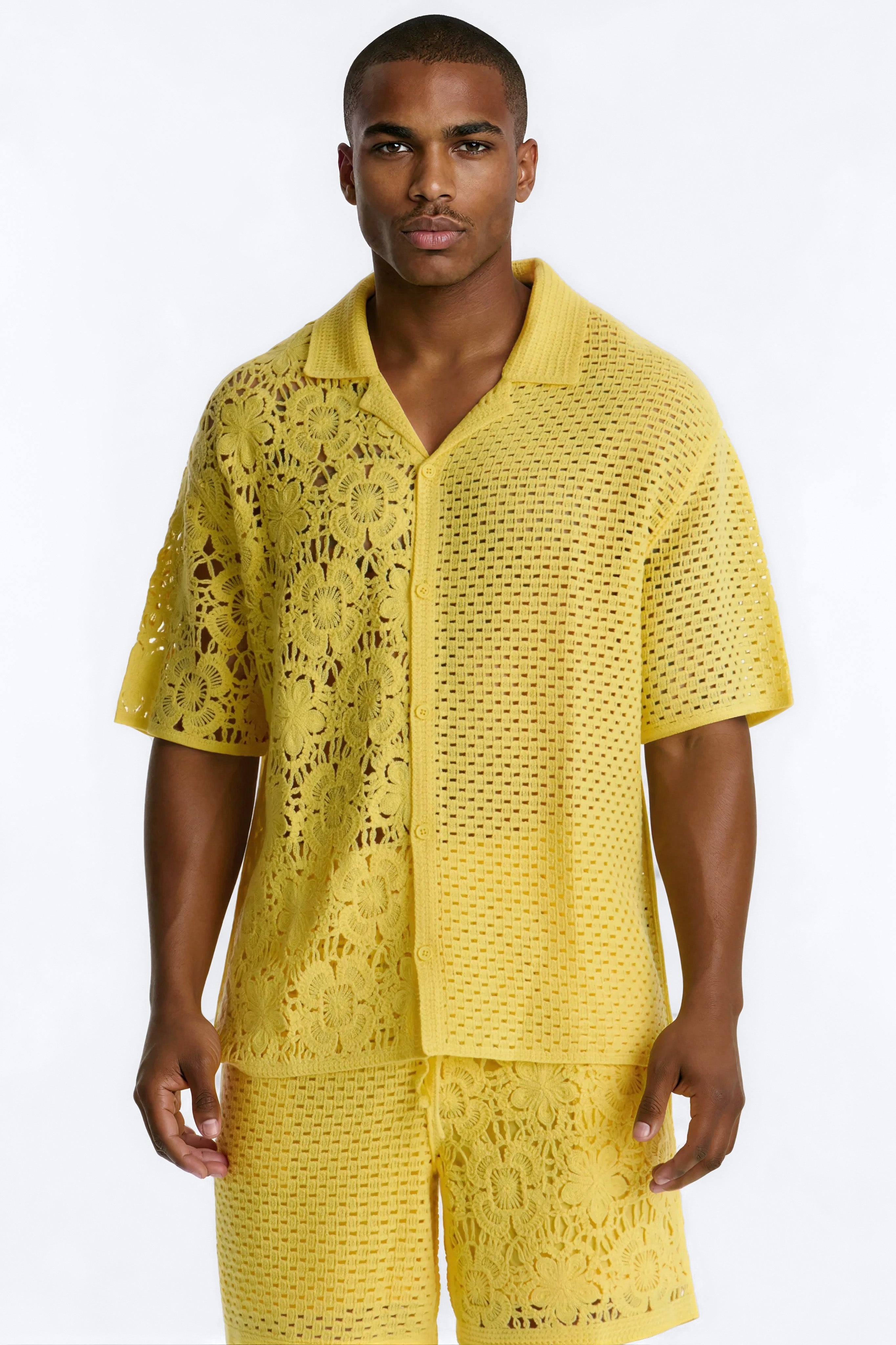 Relaxed Kyros Crochet Button Up Shirt - Yellow