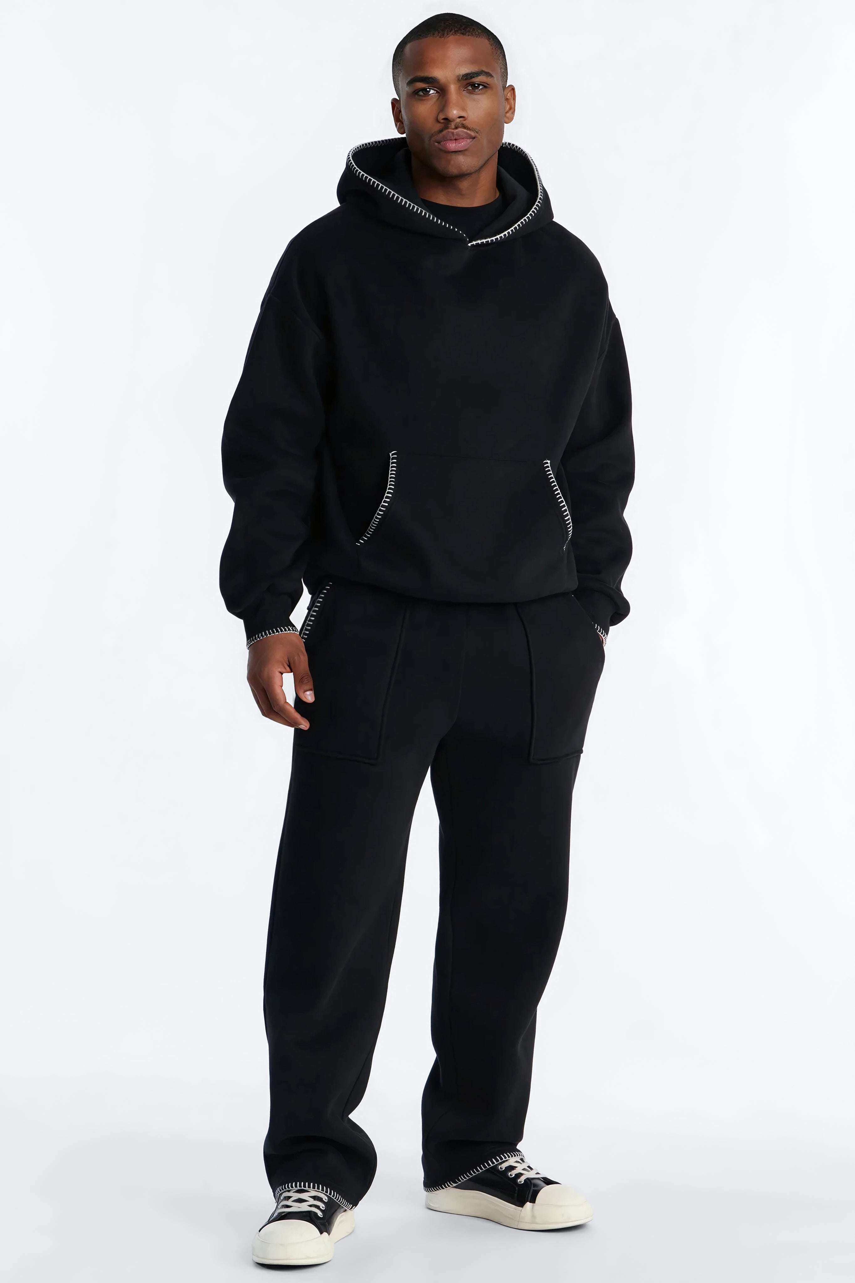 Straight Contrast Blanket Stitch Sweatpants - Black