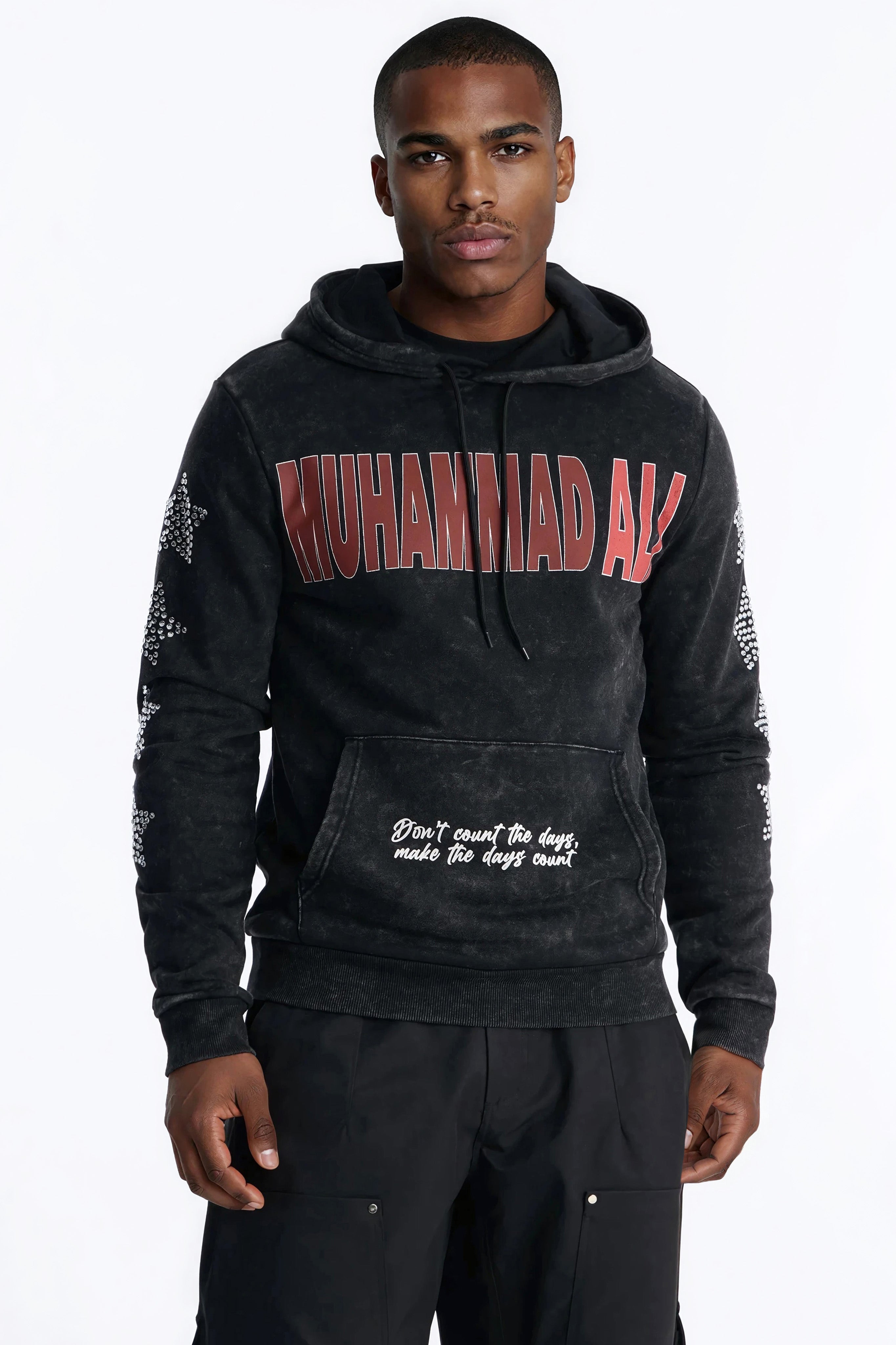 Muhammad Ali Rhinestone Embroidered Hoodie - Black Wash