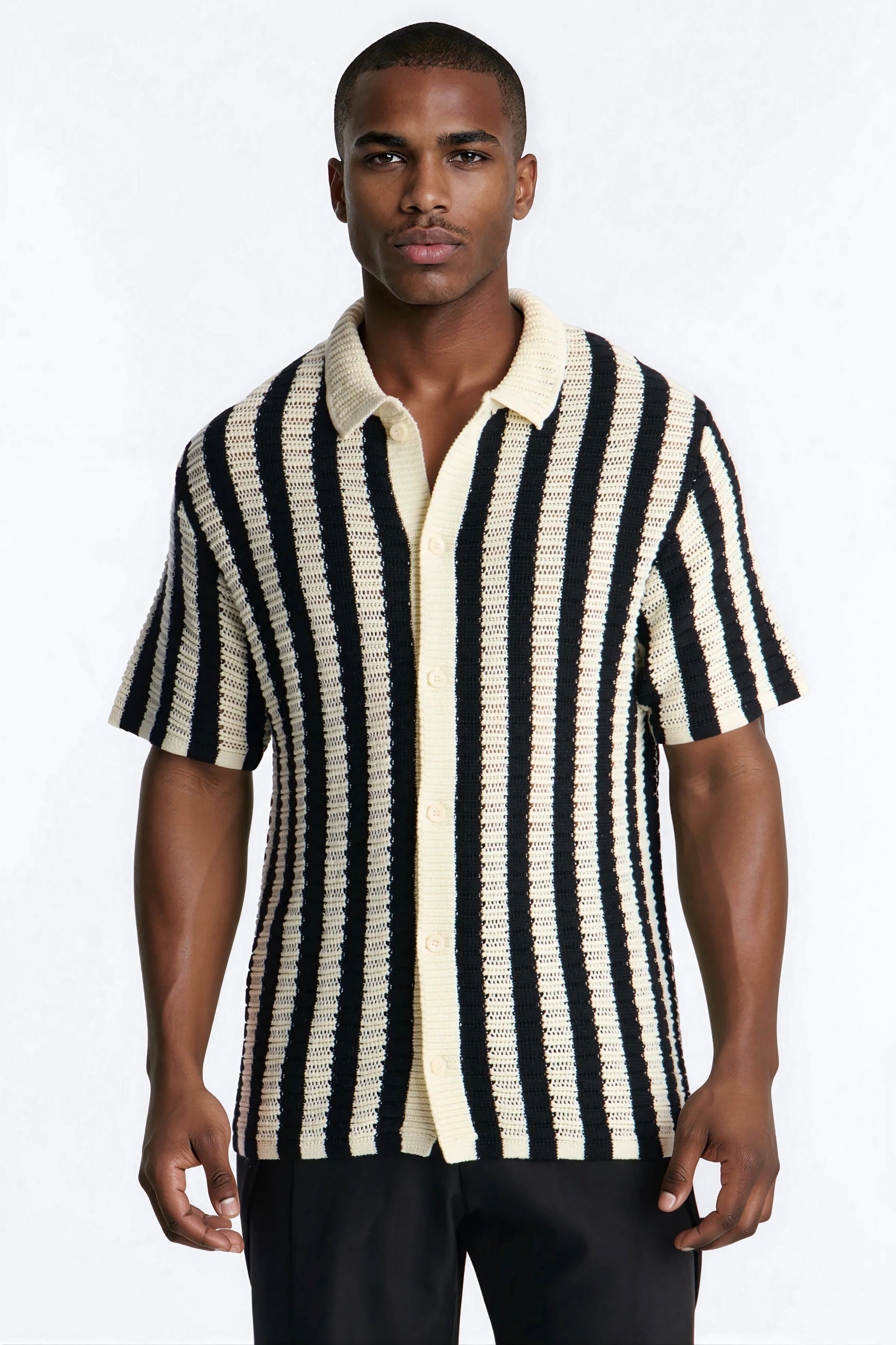 Clark Striped Knit Button Up Shirt - Black/combo