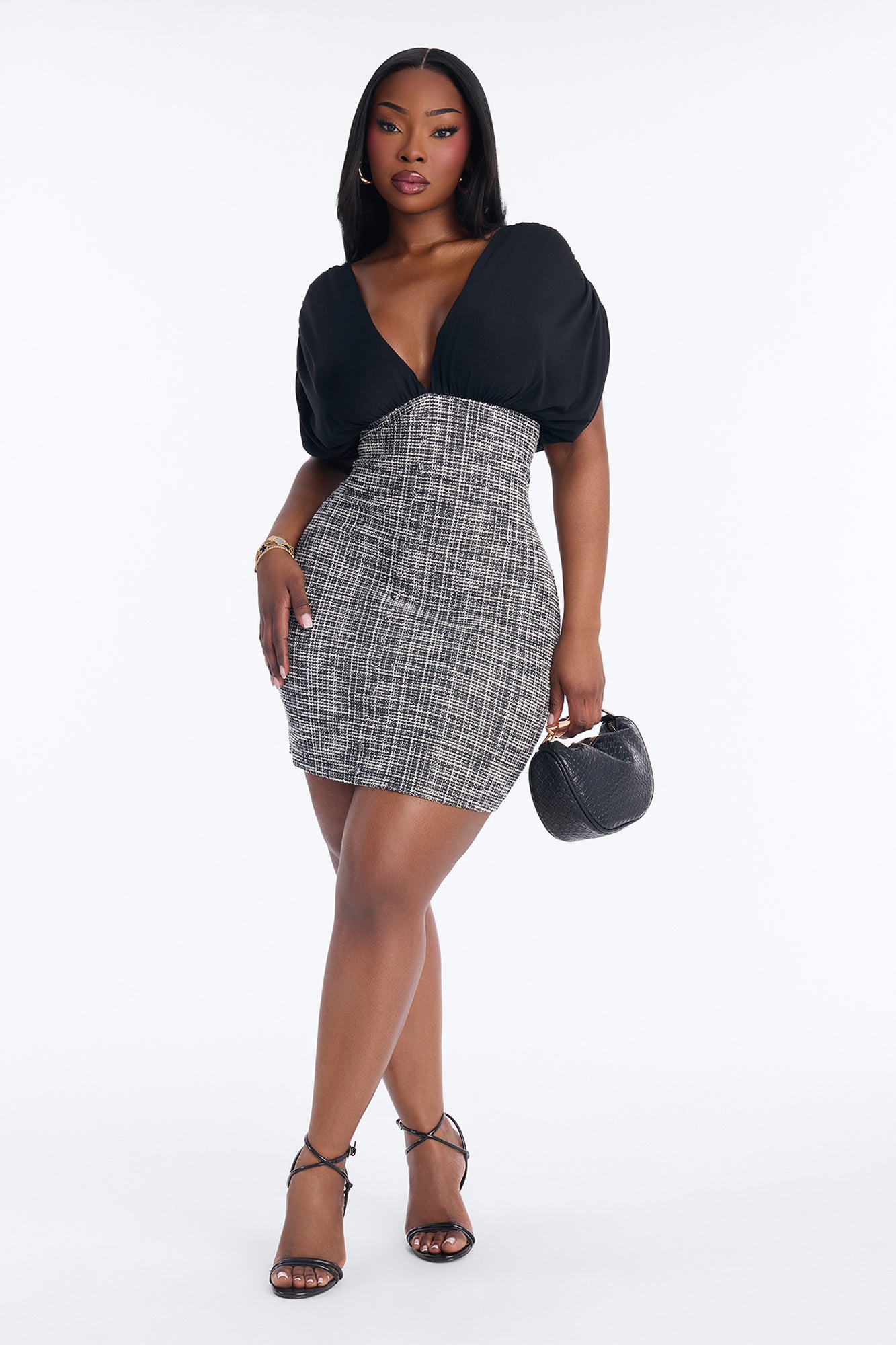 Coraline Short Sleeve Tweed Mini Dress - Black