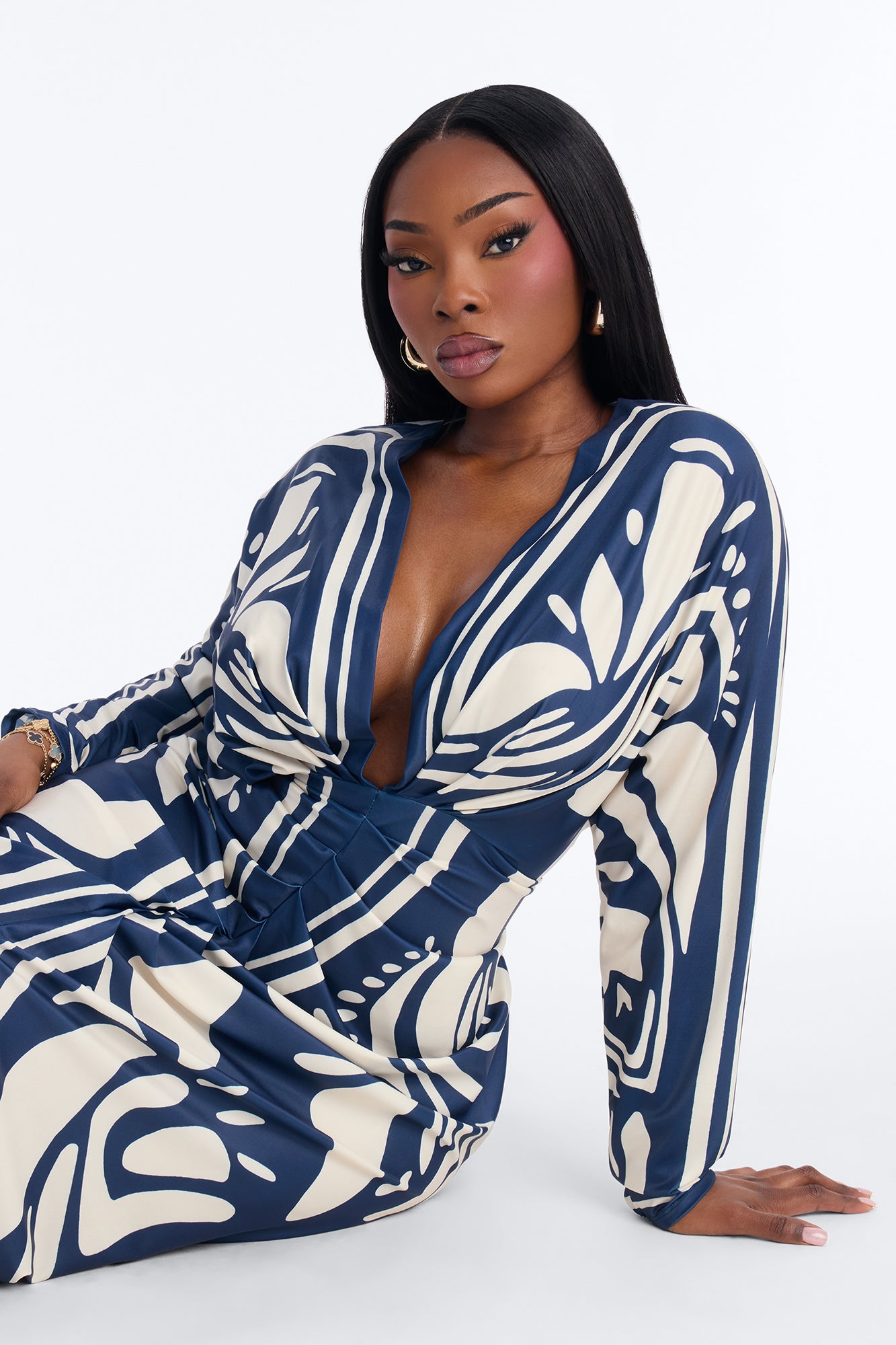 Revive Long Sleeve Midi Dress - Navy/combo