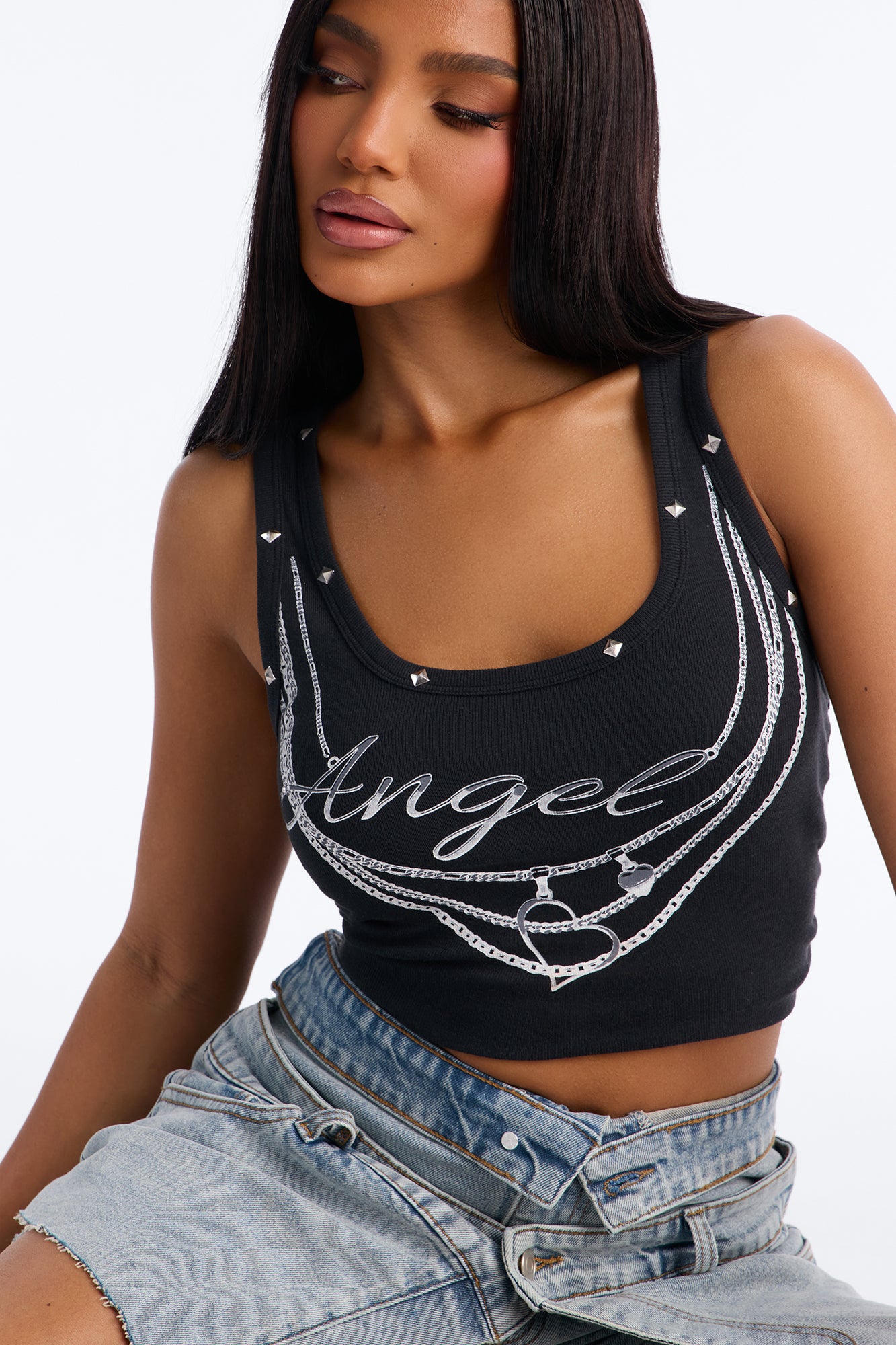 Angel Studded Ribbed Tank Top - Black
