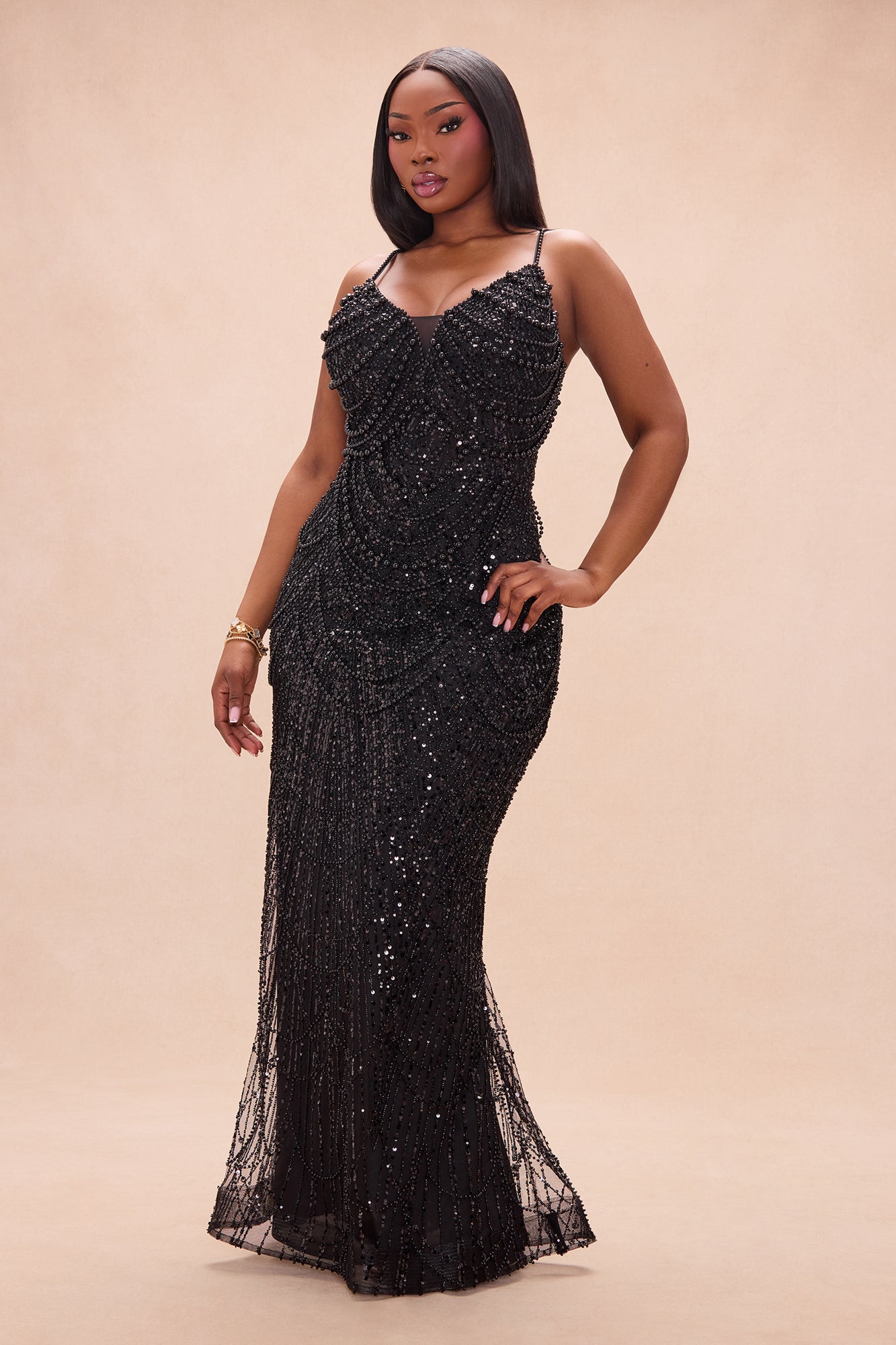 Glitz And Glam Pearl Embellished Gown - Black