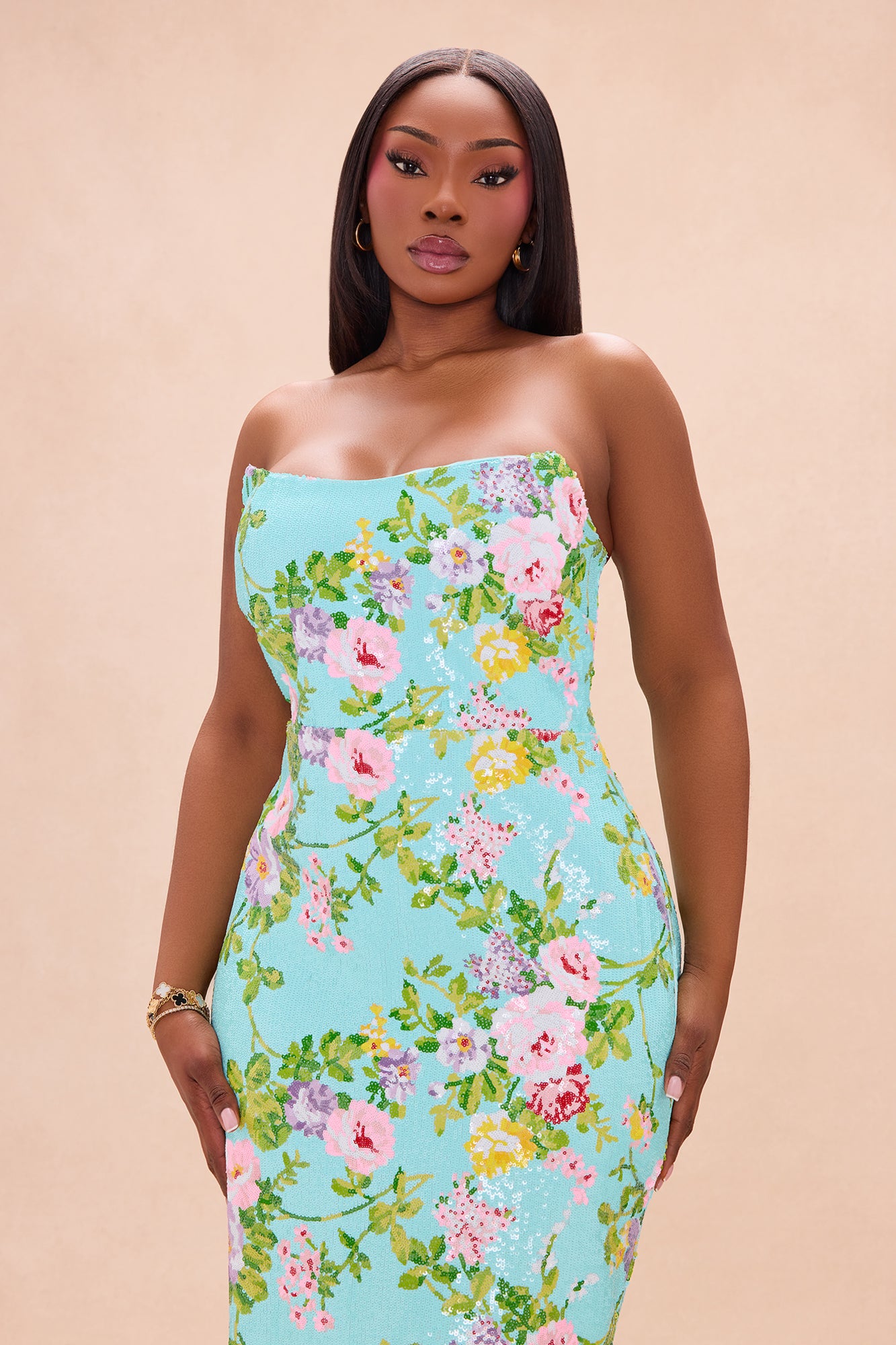 Leah Strapless Sequin Midi Dress - Turquoise/combo